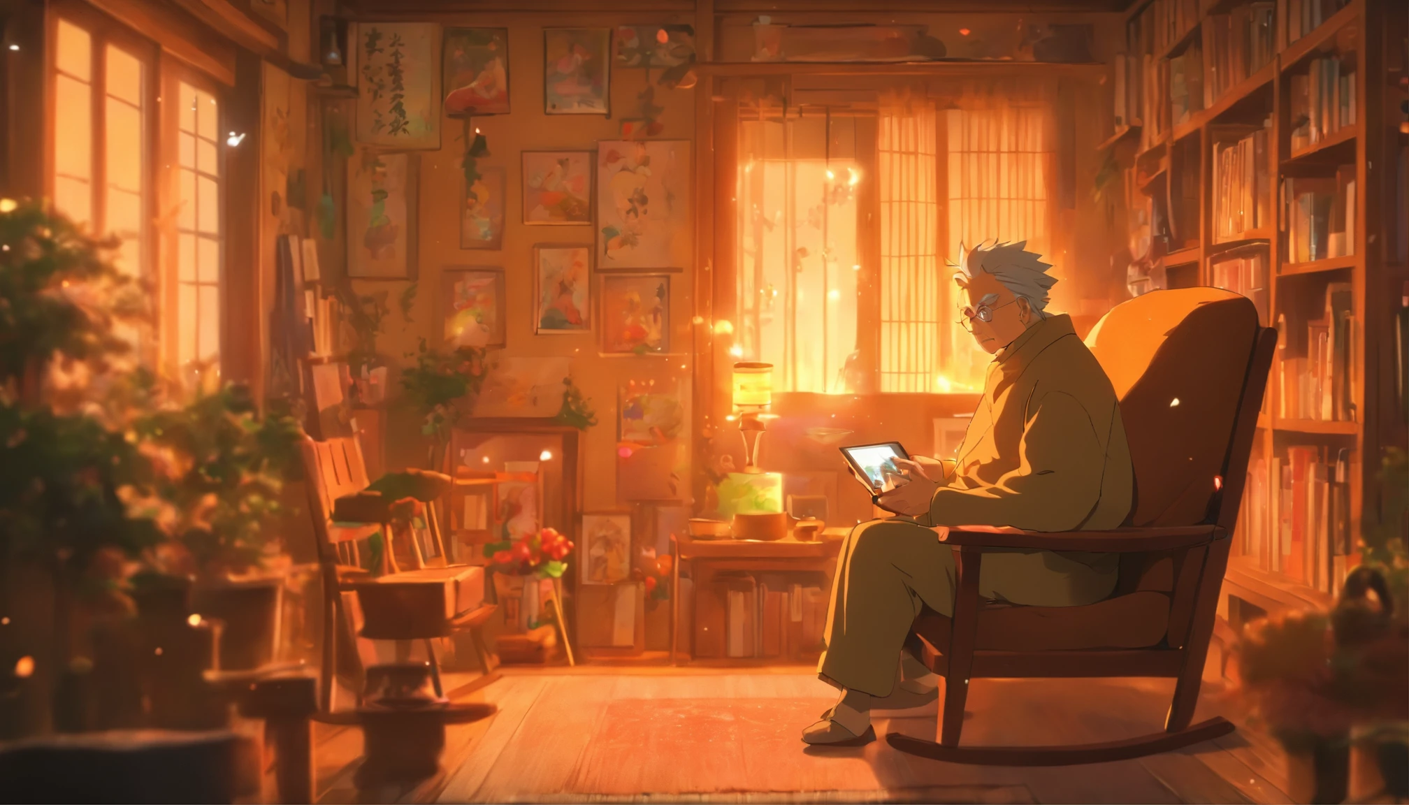 An elderly man sitting in a rocking chair in his home, with a focused gaze on the computer screen. The screen displays the live broadcast of his great-granddaughter, and he watches with anticipation, seemingly captivated by her charm. The room is filled with a warm atmosphere, with family photos hanging on the walls, reflecting cherished memories.,in the style of the stars art group xing xing, 32k, best quality, masterpiece, super detail, high details