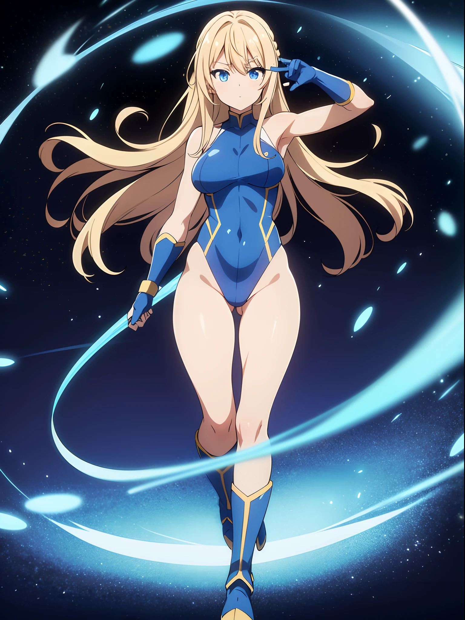 masterpiece, best quality, highres, 1girl, solo, superhero, leotard, bare legs, boots, matching boots, aura, blue aura, sleeveless, gloves, bracelets, matching gloves, looking at viewer, light particles, space backdrop, perfect hands, perfect eyes, powering up, perfect leotard, perfect legs, perfect arms, perfect fingers, blue and white leotard, blonde hair, blue eyes, medium breasts, long hair, spinning, tornado spin, whirlwind spin, wind particles, light swirls, tornado, hurricane spin, time travel, tornado winds, cyclone spin, standing