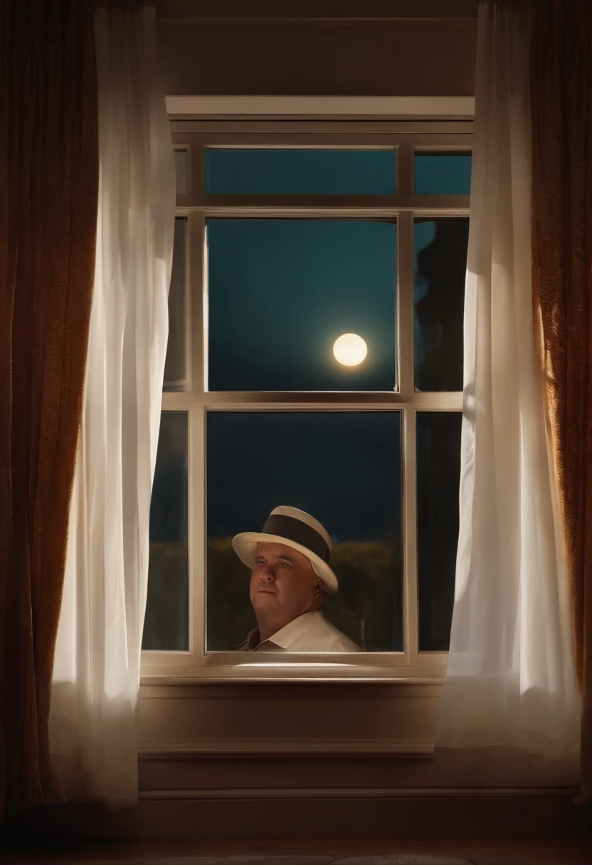 Obese white male,Look out the window through the gap in the curtain,8K,hyper realisitc,eventide,
