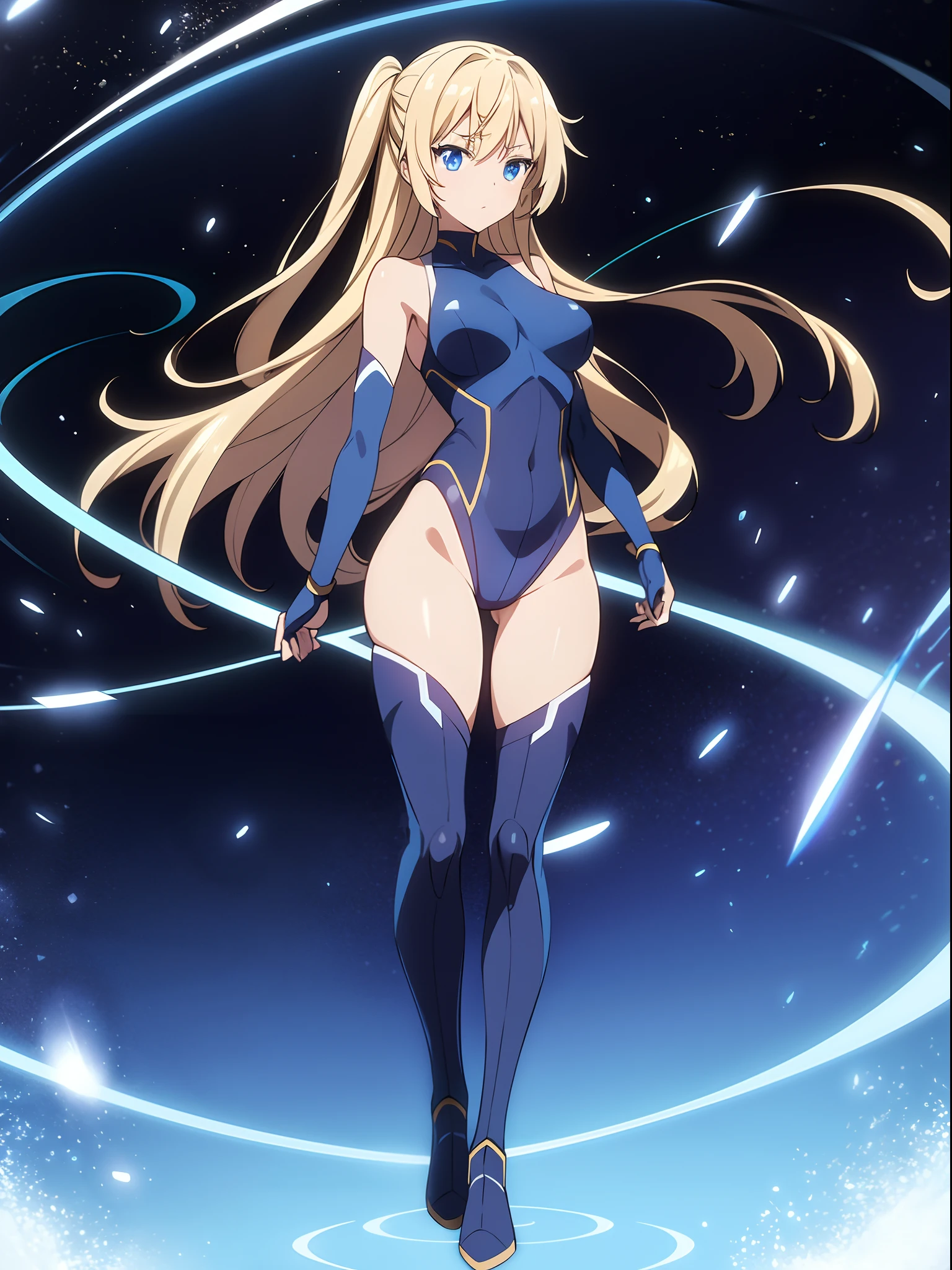masterpiece, best quality, highres, 1girl, solo, superhero, leotard, bare legs, boots, matching boots, aura, blue aura, sleeveless, gloves, bracelets, matching gloves, looking at viewer, light particles, space backdrop, perfect hands, perfect eyes, powering up, perfect leotard, perfect legs, perfect arms, perfect fingers, blue and white leotard, blonde hair, blue eyes, medium breasts, long hair, spinning, tornado spin, whirlwind spin, wind particles, light swirls, tornado, hurricane spin, time travel, tornado winds, cyclone spin, standing