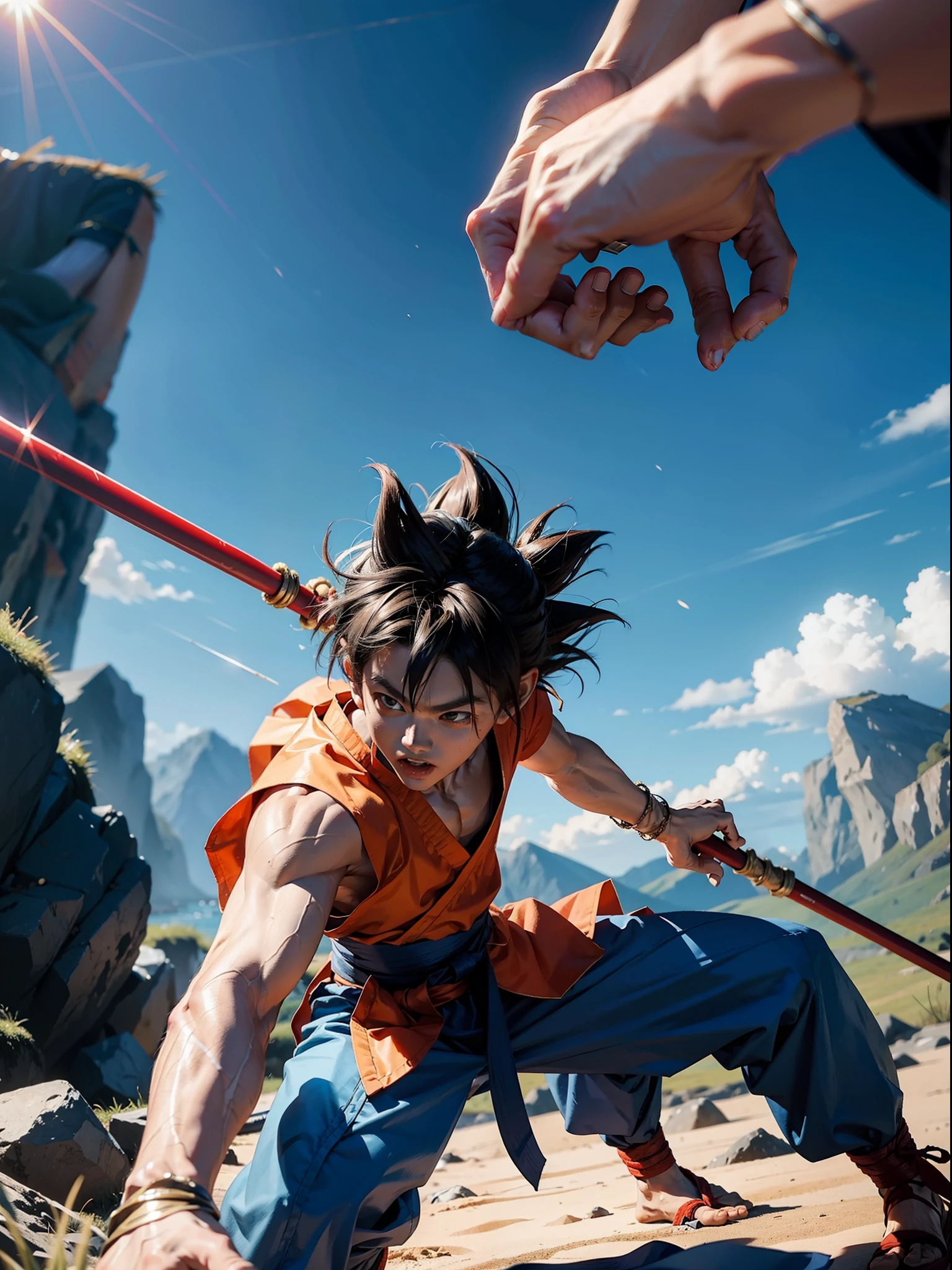 photorealistic boy goku wielding bo staff, asian, bo staff, kung fu, asian, martial arts, daytime, blue sky, cinematic lighting, masterful composition