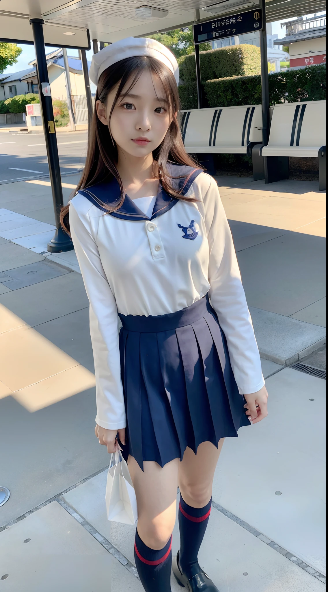 mix4, (16 K, Raw photography, Top image quality, masterpiece: 1.45), (realisitic, Photorealsitic: 1.37), one girls, 7.5, etc、Standing figure,cute little, A city scape,, profetional lighting, photon maping, Cityscape with street trees, physically-based renderingt, Gradient dark brown hair,, a handsome, Well-groomed and beautiful eyes、Large double eyelids、Very shiny、girl with, (((student clothes、Long sleeve sailor suit worn by Japan schoolgirl、red cuffs、Dark blue mini skirt, Small gray beret、Dark blue knee-high socks、Black loafers))), Top Quality Photos, hight resolution, 1080p, (clearface), (Detailed face description), (Detailed hand description), (masterpiece), (Exquisite CG)、extreme light and shadows、dishevled hair、master work、abundant detail、(Fine facial features)、(top quality photo)、(masuter piece)、(A detailed eye)、Look in front of you、Fine clavicle、((Slender big))、(((Japan schoolgirl in long-sleeved sailor suit)))、((Body shape of gravure model))、((Boulevard with street trees、Bus stop、timetable、Benches))、(Shooting from random perspectives)、(((Anyway cute)))、耳Nipple Ring、A big smile、Drawing the whole body from the knees、Do not draw nasolabial folds、(((shopping bags)))、(Big breasts that hang down big:0.7)、Big buttocks with tension、Two arms and two legs、(((from the front side:0.5)))、bare hand、No mask
