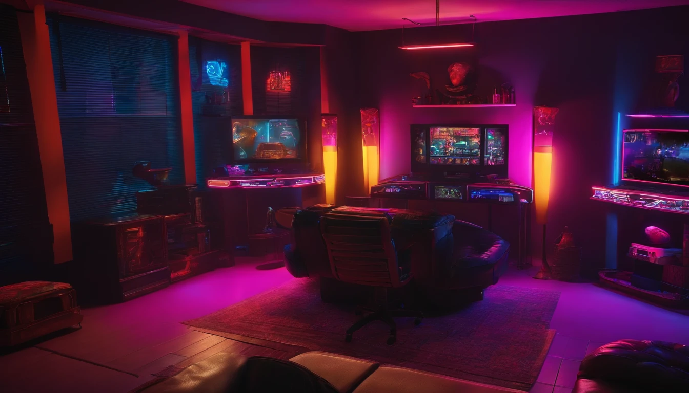 90s style videogame room, neons, cyberpunk, corner