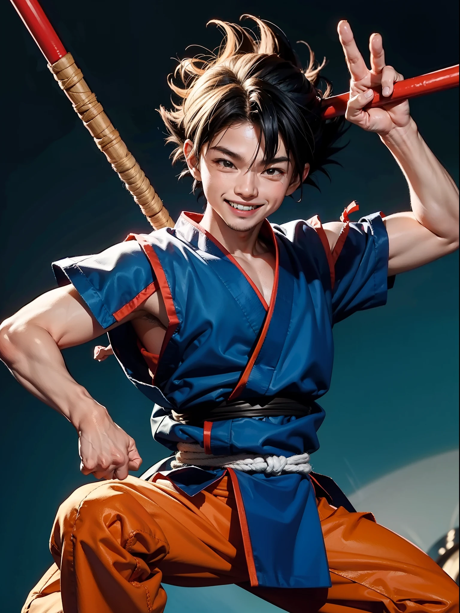 kid boy goku smiling, bo staff, kung fu, asian, martial arts