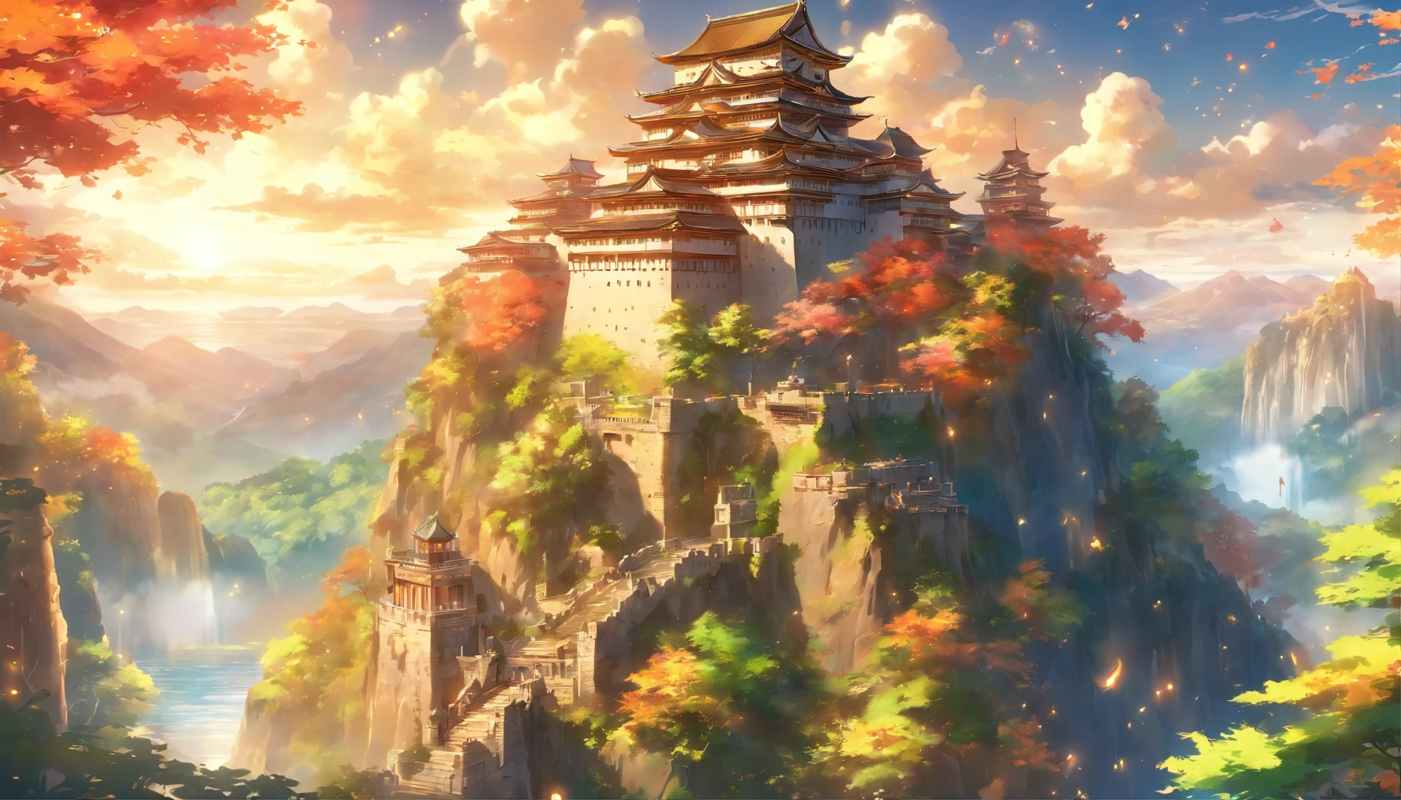 An ancient and majestic castle standing on top of a mountain, filled with countless artifacts showcasing his legendary life. Surrounded by lush forests and picturesque lakes, sunlight filters through the leaves onto the castle, creating a sense of mystery and grandeur, ,in the style of the stars art group xing xing, 32k, best quality, masterpiece, super detail, high details