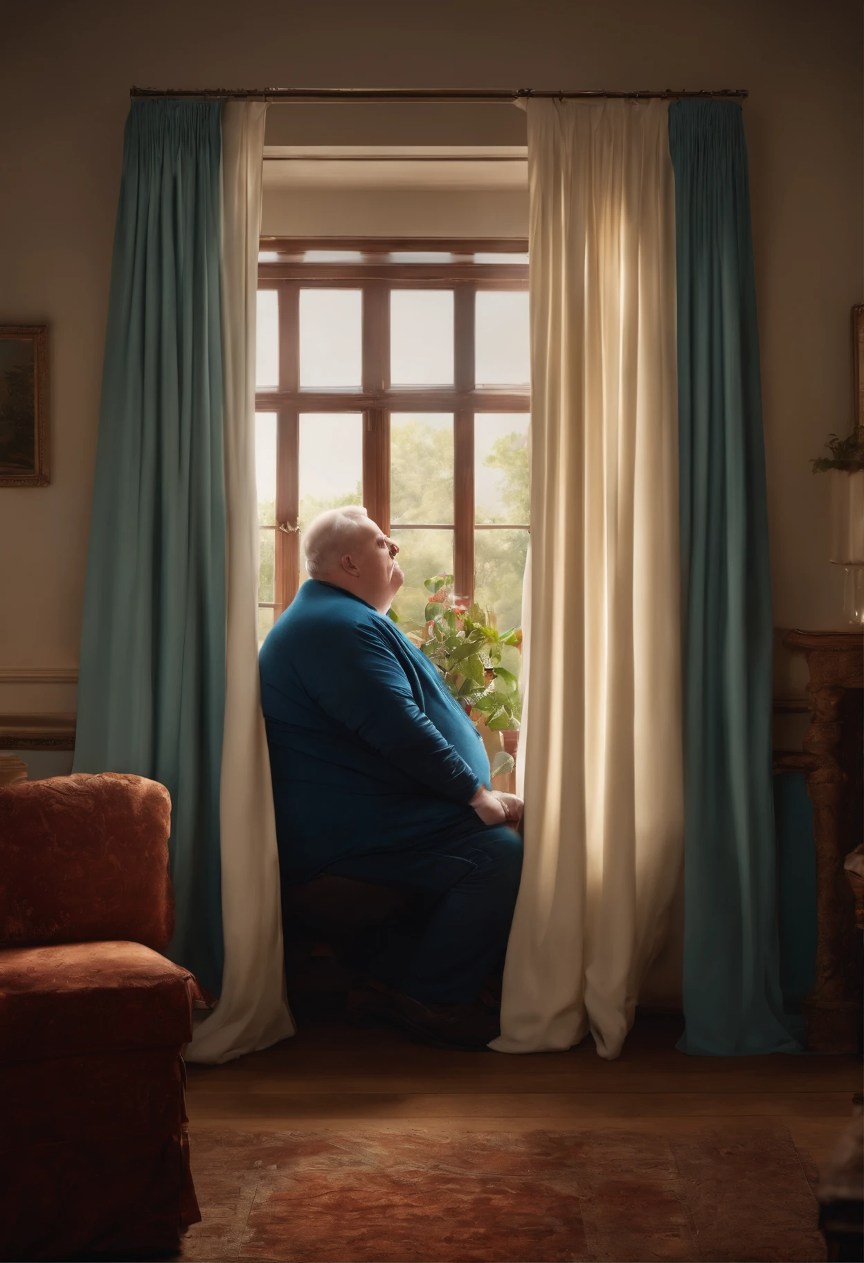 Obese white male,Look out the window through the gap in the curtain,8K,hyper realisitc,eventide,