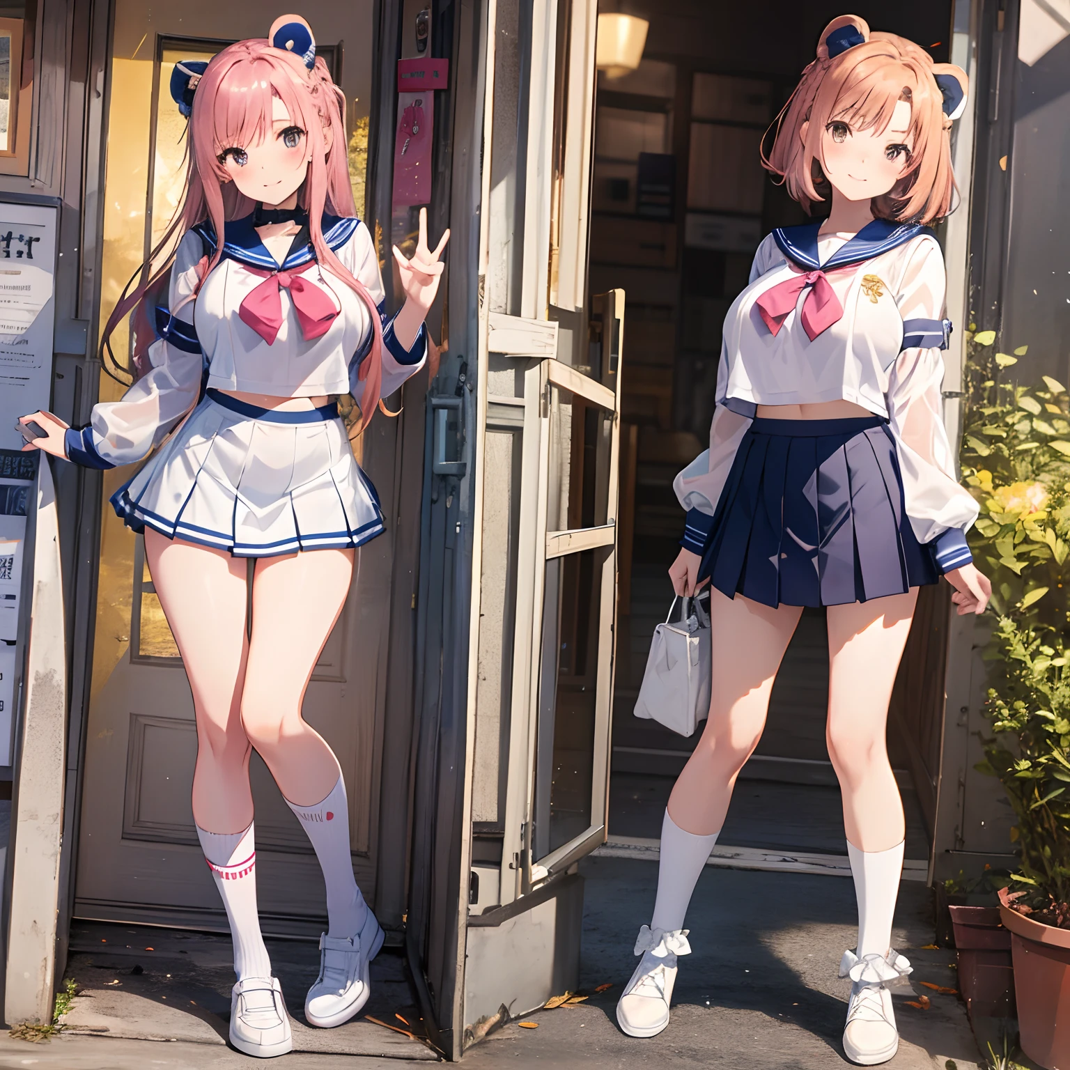 Top Quality High School Girl Bear Ears School Transparency Beautiful Girl Random Pose Misaka Big Tits White Sailor Suit Navy Blue Mini Skirt White Loose Socks Golden Beautiful Hair Fastening Beautiful Skin Smile Pink Hair