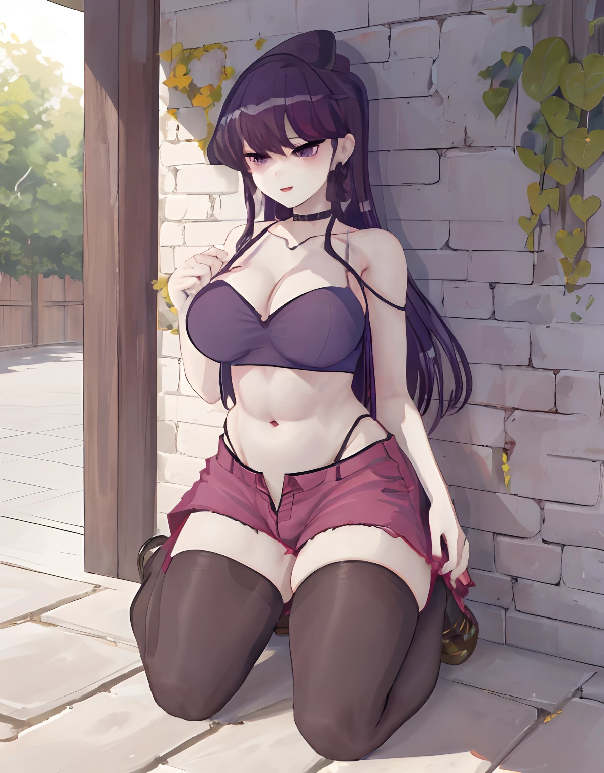(masterpiece),(best quality),(ultra-detailed), (full body:1.2), 1girl,chibi,cute, smile, open mouth, ultra high res, adsurdres, vibrant colours, 1girl, solo, heart-shaped pupils, fingernails, (blush:1.1)(speed lines:1.1)((heavy breathing:1.3)) purple long hair, purple eyes, embarrassed, seductive smile, smug face, choker, cute top, revealing, shoulder cut dress, shoulders visible, cleavage visible, (underboobs visible), underboobs, midriff, abs, light muscles, bloated abs, bulging abs, bloated belly, bulging belly, bloated belly with a silhouette of visible abs, slim waist, thin back, accurate lower belly, panty strings, shorts, thighs, clean body, sexy pose, aroused, arousing, background is an alley in a garden, detailed sunlight, sitting, dappled sunlight, day, depth of field, plants, summer, (dutch angle), kipteitei