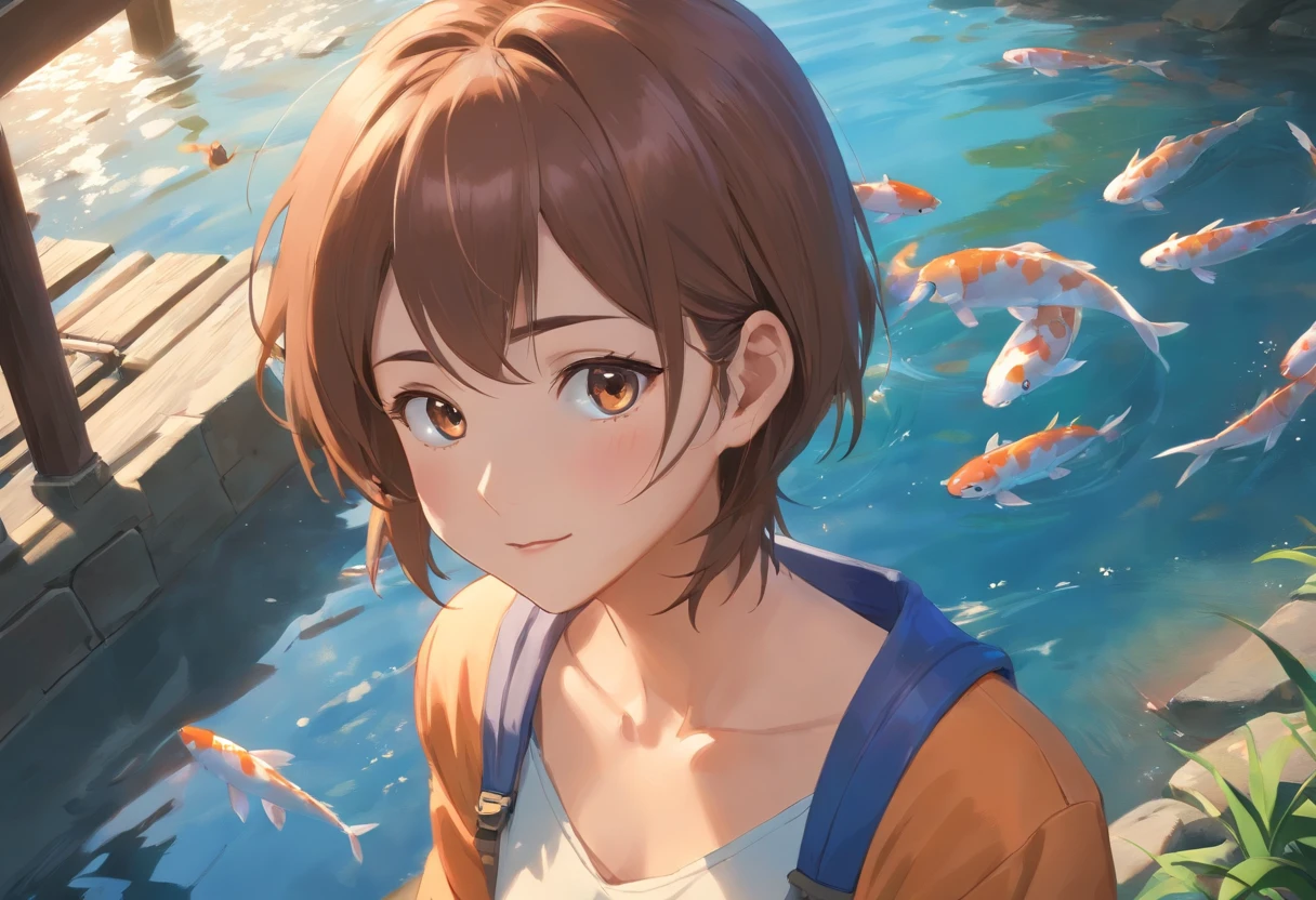 qualidade de imagem do filme，Disney Animation，Disney animated films，Girl sitting in giant koi flying in the sky，nuvens espessas，Short hair and small braids，moletom laranja com capuz，Bare feet，profundidade de campos，Luz alta，luz real，Traching de raias，oc renderizado，hyper-realistic，melhor qualidade，8k，Obras de mestres，super-fino，pelos pubianos detalhados，anatomia correta，sharp focus on eyes，Bokeh，Facial features are carefully described
