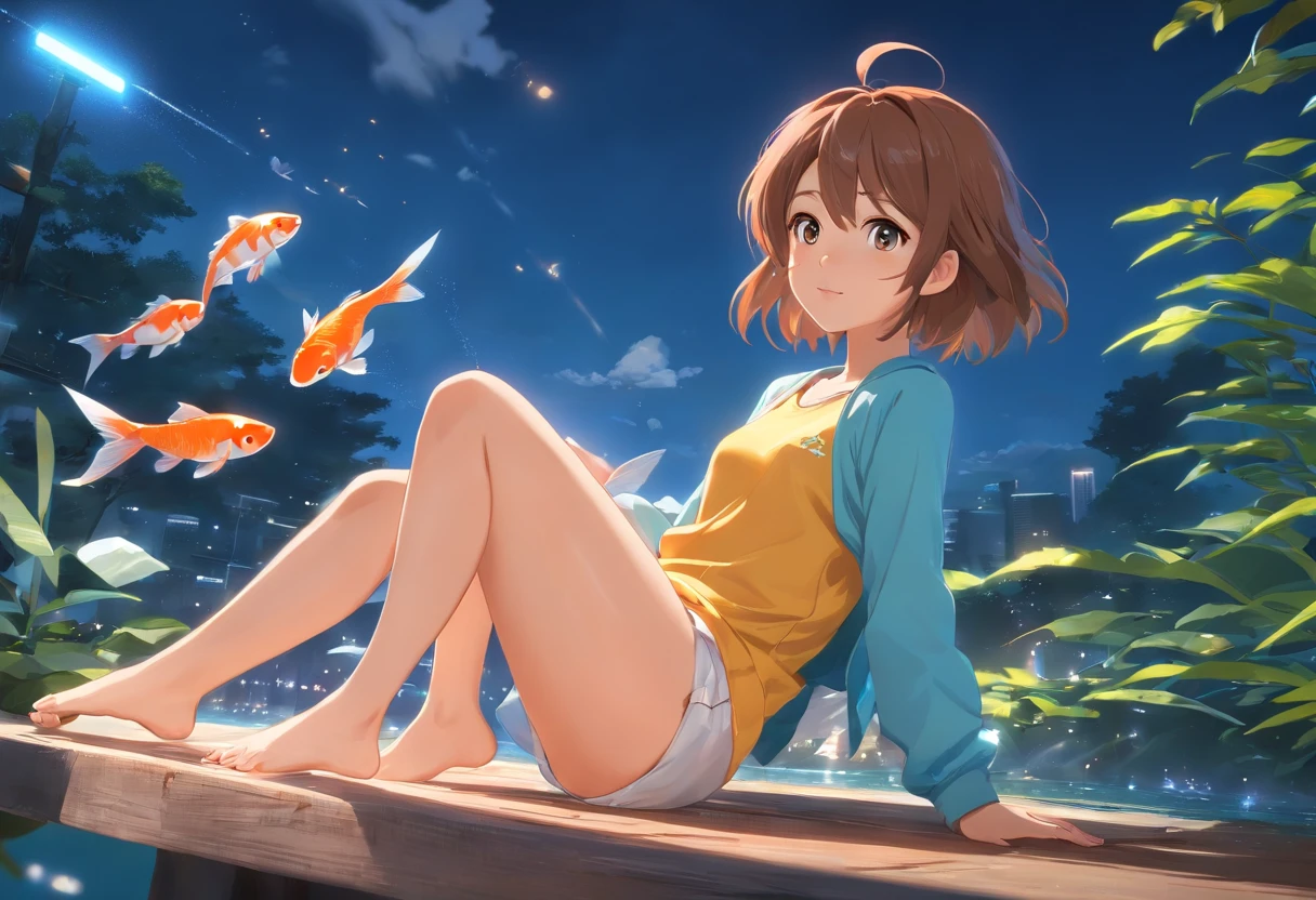 qualidade de imagem do filme，Disney Animation，Disney animated films，Girl sitting in giant koi flying in the sky，nuvens espessas，Short hair and small braids，moletom laranja com capuz，Bare feet，profundidade de campos，Luz alta，luz real，Traching de raias，oc renderizado，hyper-realistic，melhor qualidade，8k，Obras de mestres，super-fino，pelos pubianos detalhados，anatomia correta，sharp focus on eyes，Bokeh，Facial features are carefully described