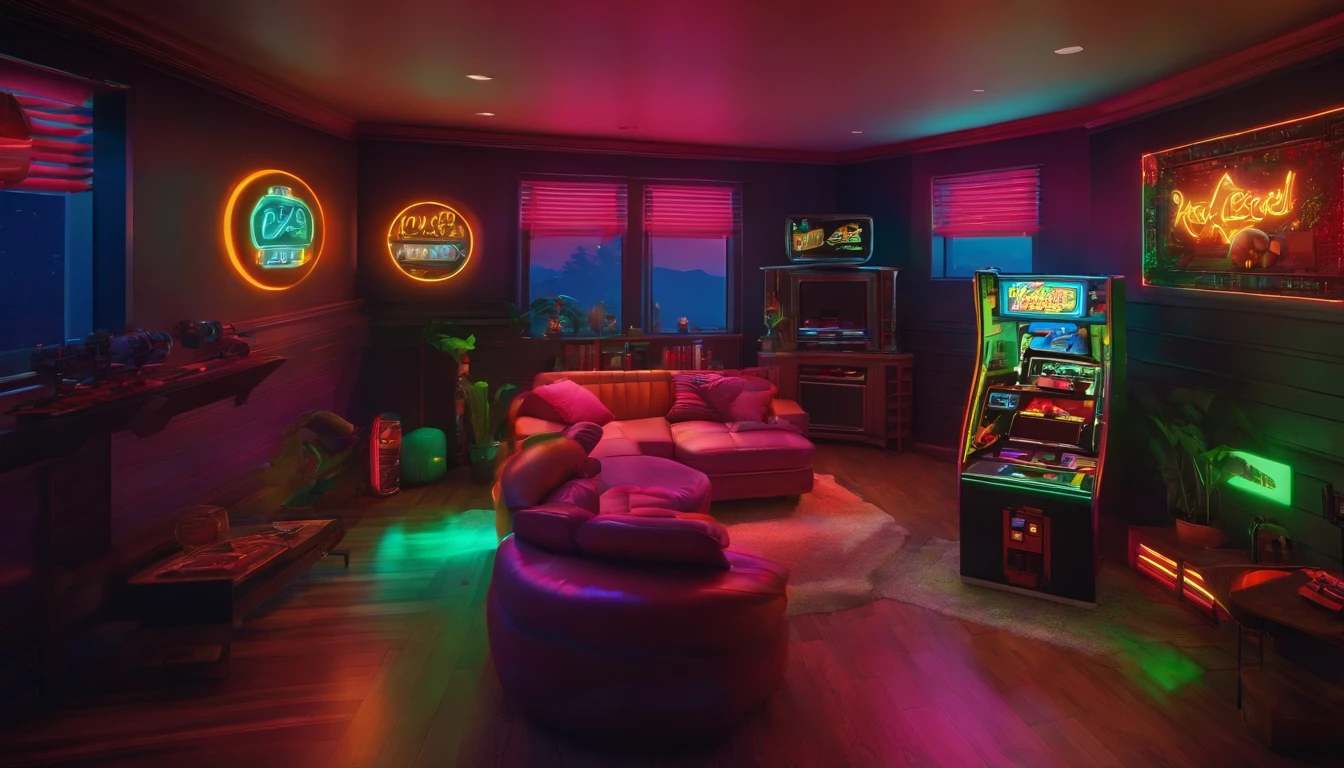 Retro videogame room, 90s 80s style, neons, corner