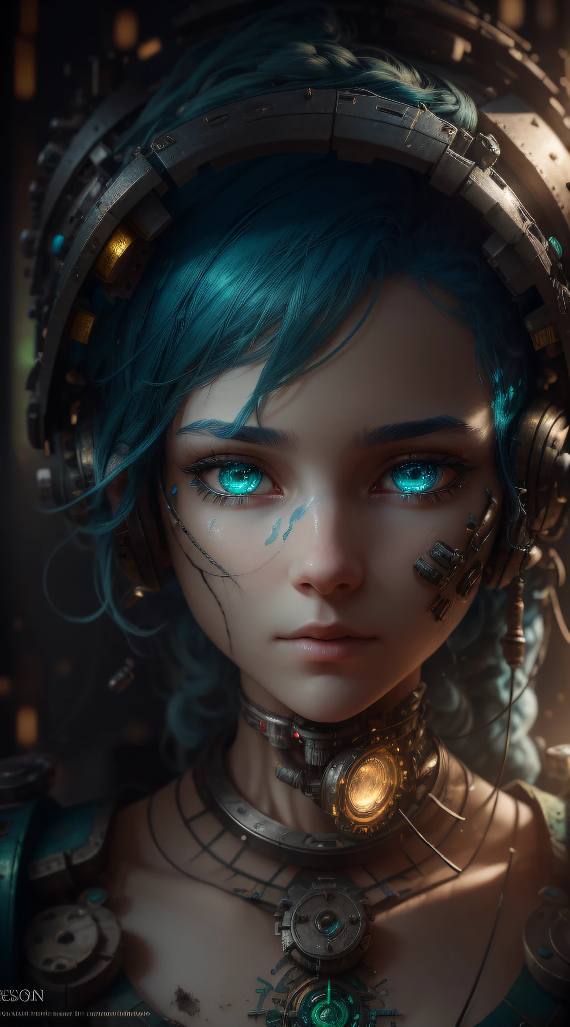 masterpiece, best quality, intricate detail, absurdres, (dissection:1.3) of a (damaged:1.2) (machine:1.1) with blue hair and beautiful detailed green eyes, she has a (mechanical (heart:1.1):1.1) and a (dirty face:1.2), with exposed wires and tubes, internal mechanical parts exposed from injury and short circuit, suffering heavy damage, being disassembled, natural light, light tracing, intricate circuitry, illustration, 8k wallpaper, super detailed, full body portrait,, chromatic aberration, depth of field, professional photography, soft lighting, tone mapped, highly detailed, sharp focus, dramatic lighting, intricate details, cinematic, 8K, incredible shadows, realistic, (highly detailed background:1.0)