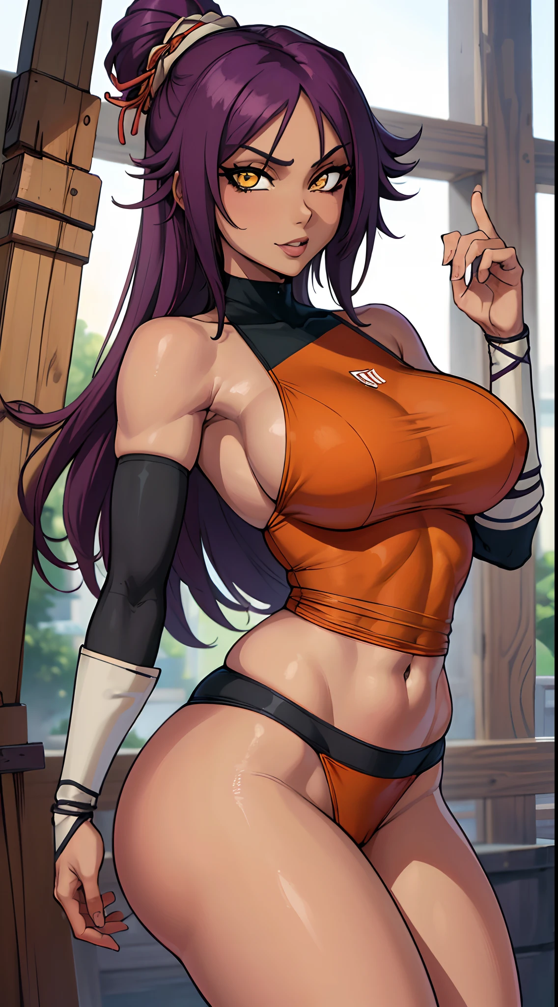 (best quality:1.3), Yoruichi Shihouin, olhos detalhados, peituda, clivagem, sedutora , biquini orange, sexy, body curvy, bunda grande, peitos grandes,