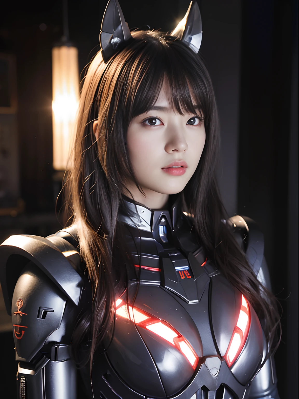 (Dark Fantasy)、top-quality、masterpiece、超A high resolution、(Photorealsitic:1.4)、Raw photo、1人、Black hair、glowy skin、((1 Mechanical Girl))、((super realistic details))、portlate、(Holding a glowing knife)、globalillumination、Shadow、octan render、8K、ultrasharp、Colossal tits、Raw skin is exposed in cleavage、metals、Details of complex ornaments、Japan details、highly intricate detail、Realistic light、CGSoation Trends、a purple eye、radiant eyes、Facing the camera、neon details、(Helmet of the Brave)、Mechanical limbs、blood vessels connected to tubes、Mechanical vertebrae attached to the back、mechanical cervical attaching to neck、sitting on、Wires and cables connecting to the head、Gundam、Small LED lamp、Particles of light、