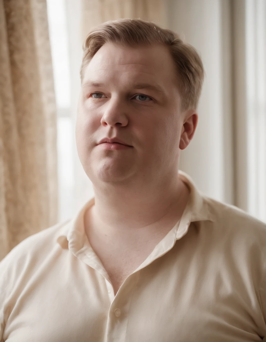 Obese white male，Look out the window through the gap in the curtains，8K,hyper realisitc，eventide，The face is hideous