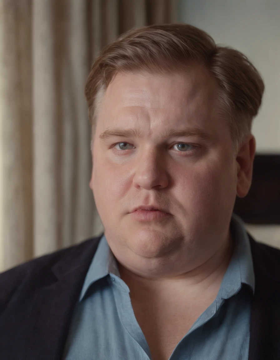 Obese white male,Look out the window through the gap in the curtains,8K,hyper realisitc,eventide,The face is hideous