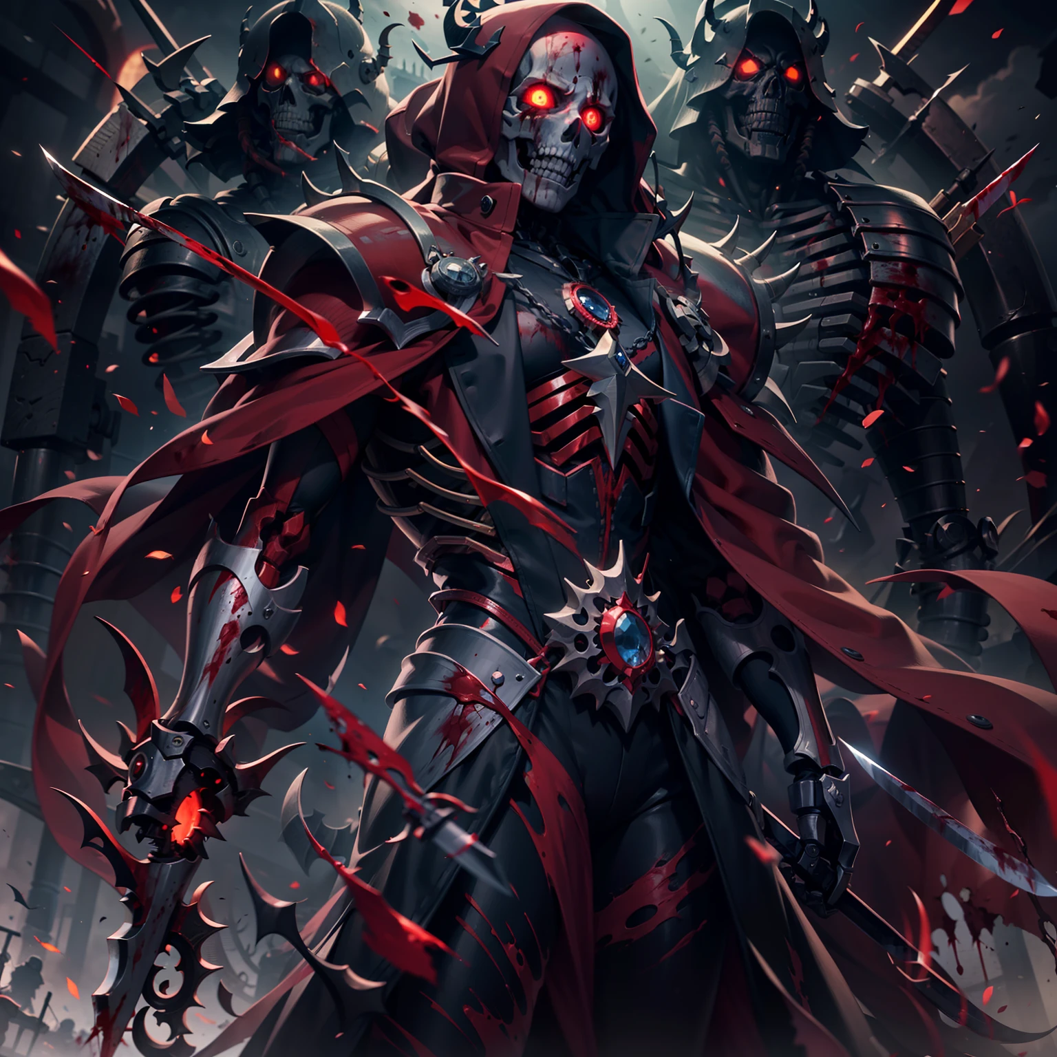（Very detailed 8k wallpapers），（Be covered in blood），Crown wearing（undead mage），（Kamen Demon） （Hyper-detailing），Red eyes，（Leathercoat），（Mechanical skeleton）sense of strength，Mechanical details：1.2，Carry a long knife，antagonism，Domineering，The dark world，Dark series