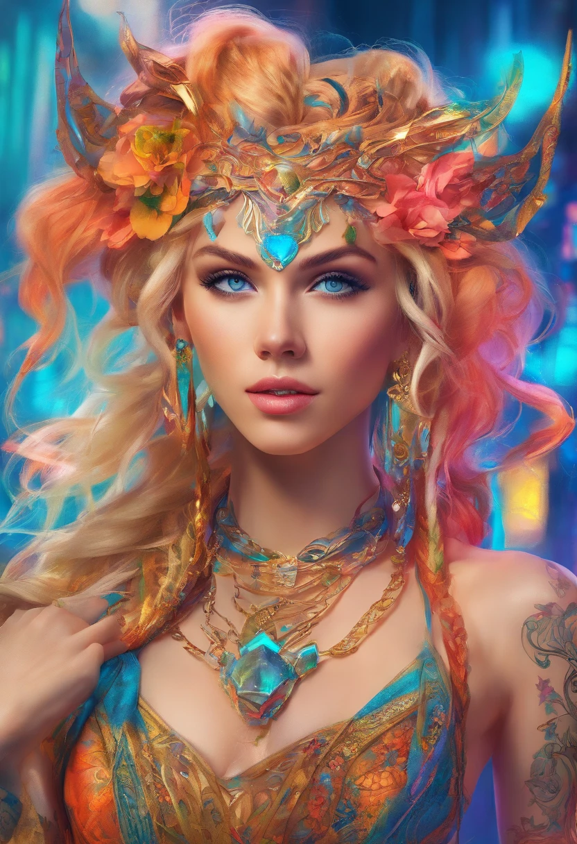 Masterpiece, Young Scarlett Johansson as a beautiful young female elf BREAK (((Short blonde Baids))) BREAK (((Tribal face Tattoos))), BREAK (((Tribal Cheek Tattoos))), BREAK (((face piercings))), (((pointy ears))) BREAK (((glowing blue eyes))), BREAK  (((Full Body Shot))), BREAK Neon Cyberpunk City background, BREAK ((Best quality)), ((masterpiece)), (highly detailed:1.3), 3D, beautiful (cyberpunk:1.3), bold colours and patterns, eye-catching accessories, trendy and innovative hairstyle, vibrant makeup, neon signs, LED lights, bright and vivid color scheme, detailed skin texture, detailed cloth texture, beautiful detailed face, intricate details, ultra detailed, best quality, ultra high res, (photorealistic: 1.4), Raw photo, by Ellen von Unwerth, Nikon D850 Film Stock Photography, F1.6 Lens, Rich Colors, Realistic, Cinestill 800, backlight, rimlighting, studiolighting