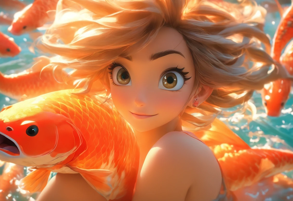 qualidade de imagem do filme，Disney Animation，Disney animated films，Girl sitting on giant koi flying in the sky，nuvens espessas，Short hair and small braids，moletom laranja com capuz，bare feet，profundidade de campos，Feixe alto，Luz Real，Traching de raias，OC rendering，hyper-realistic，melhor qualidade，8k，Obras de mestres，super-fino，pelos pubianos detalhados，Anatomia correta，sharp focus on eyes，Bokeh，Facial features are carefully described