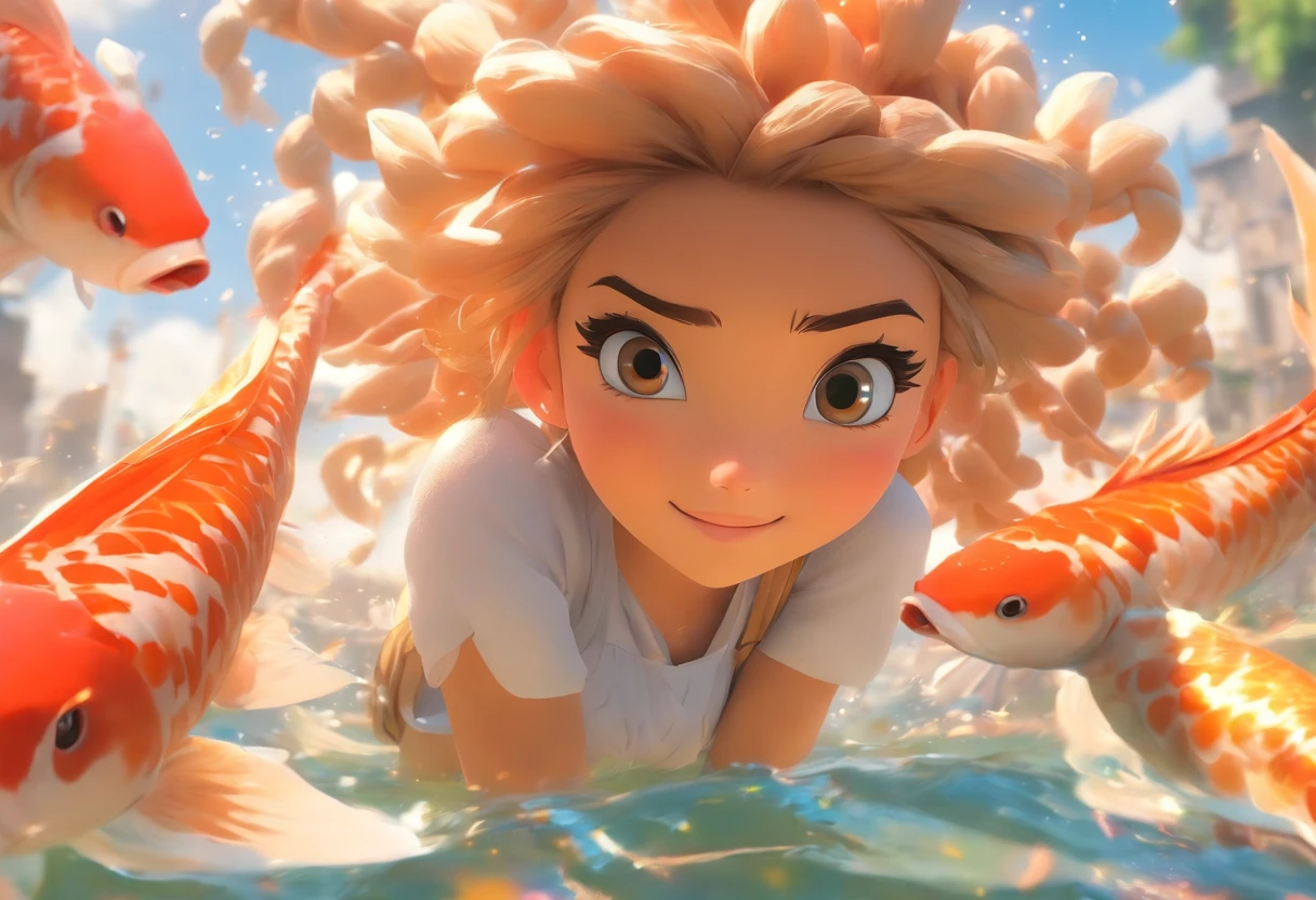 qualidade de imagem do filme，Disney Animation，Disney animated films，Girl sitting on giant koi flying in the sky，nuvens espessas，Short hair and small braids，moletom laranja com capuz，bare feet，profundidade de campos，Feixe alto，Luz Real，Traching de raias，OC rendering，hyper-realistic，melhor qualidade，8k，Obras de mestres，super-fino，pelos pubianos detalhados，Anatomia correta，sharp focus on eyes，Bokeh，Facial features are carefully described