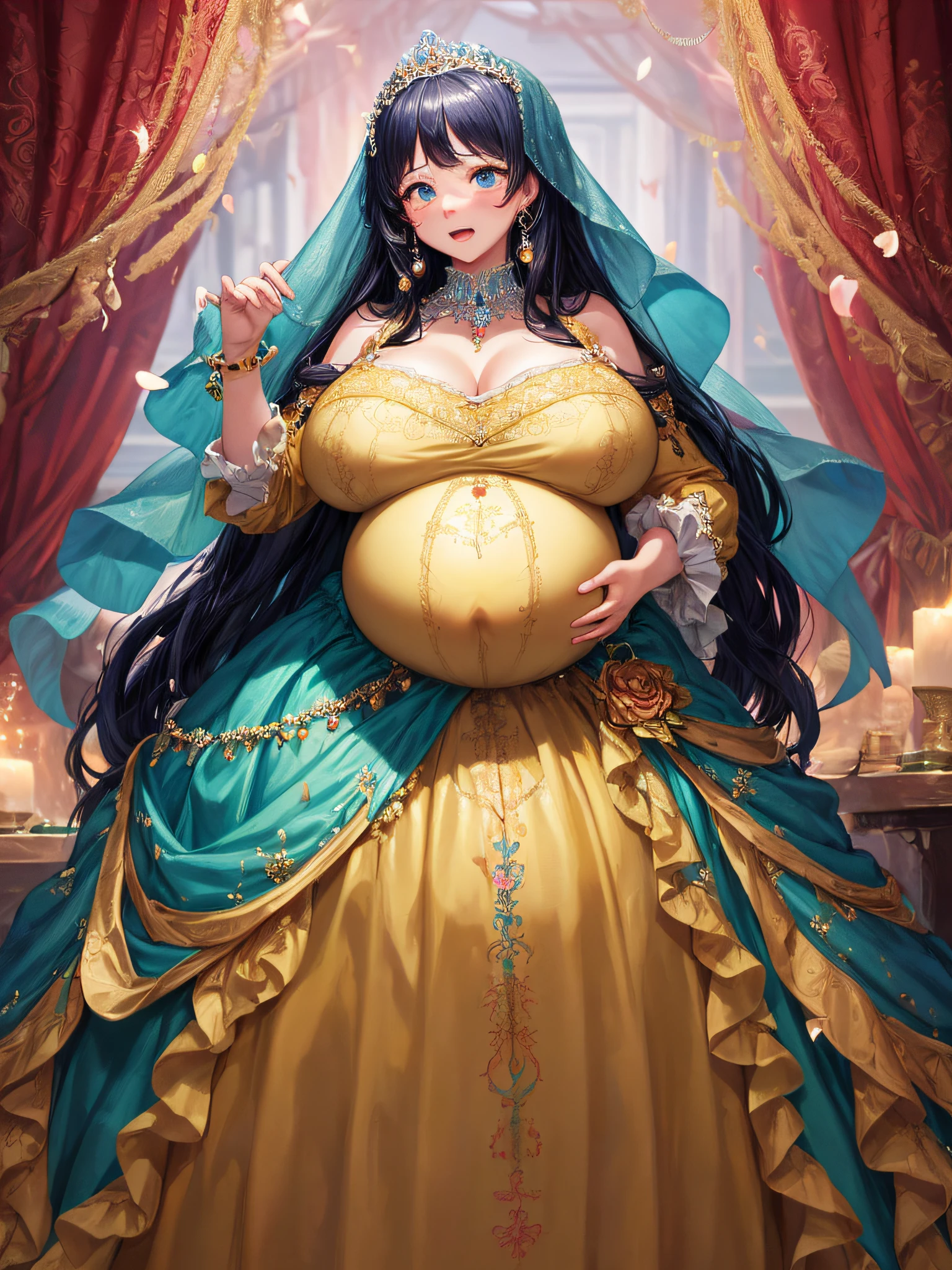(masterpiece, best quality,extremely detailed:1.1),(moe anime art style:1.2),1girl,((full body,focus face)),((solo)), cute, kawaii,digital art,((1 bling-bling pregnant princess wearing beautiful embroidery and jeweled gorgeous princess rococo ballgown with voluminous full length hoop skirt)),(((heavily pregnant))),very big pregnant belly,((crinoline)),long train,voluminous frills,(gorgeous embroidery and beautiful lace),((very gigantic boobs,skindentation)),cleavage,shiny hair,(((very long hair,large amount of straight hair))),((embarrassed,cry)),((finely detailed face and eyes)),clear pupil,extremely gorgeousfull hair ornament,(bling-bling jeweled extremely gorgeousfull tiara),(bling-bling gorgeous gemstone jewelry),long veil,beautiful background,fantasy background,flowers,flower petals flowing,full body,((beautiful embroidery and jeweled ruffled gorgeous princess rococo ballgown with voluminous full length hoop skirt))