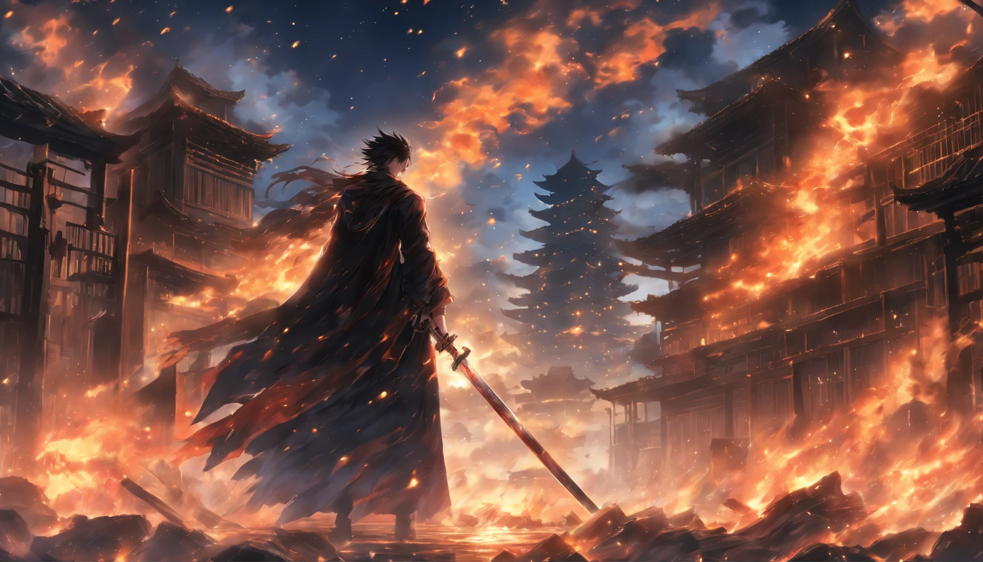 A man in a black robe, holding a sharp sword, standing in a desolate ruin, surrounded by broken buildings and burning flames, with a dark and stormy sky above, his cold and majestic gaze exuding an unbeatable power, ,in the style of the stars art group xing xing, 32k, best quality, masterpiece, super detail, high details