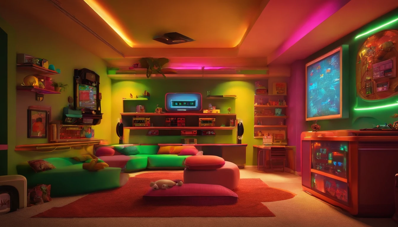 Retro videogame kid room, 90s 80s style, neons, corne