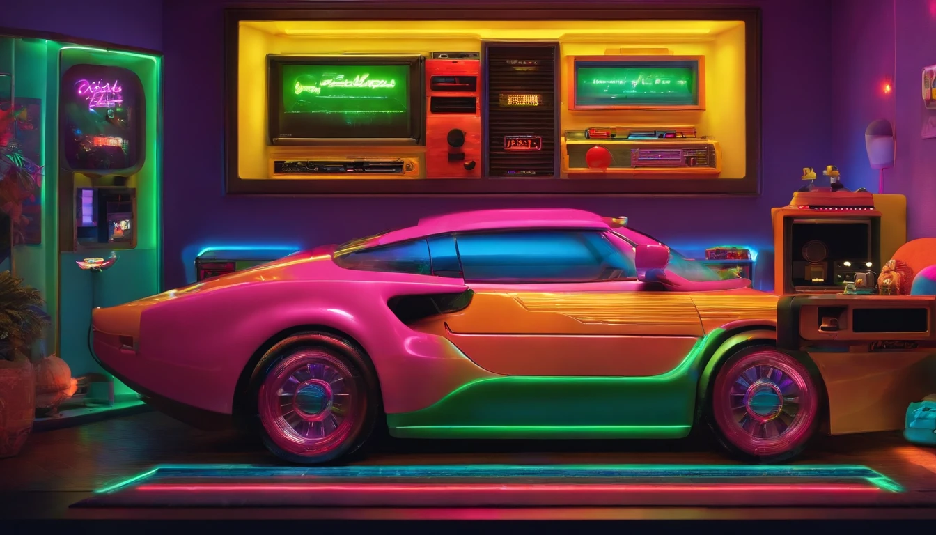 Retro videogame kid room, 90s 80s style, neons, corne