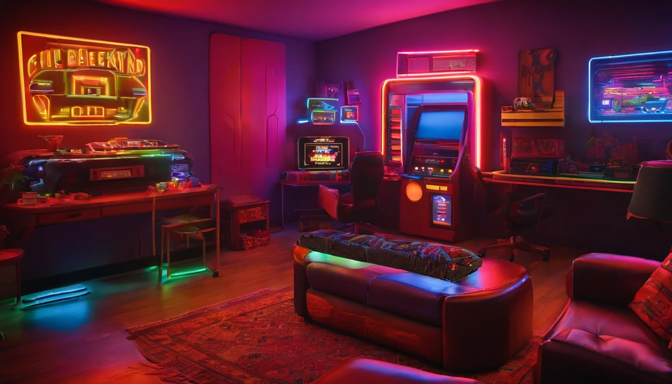 Retro videogame kid room, 90s 80s style, neons, corne