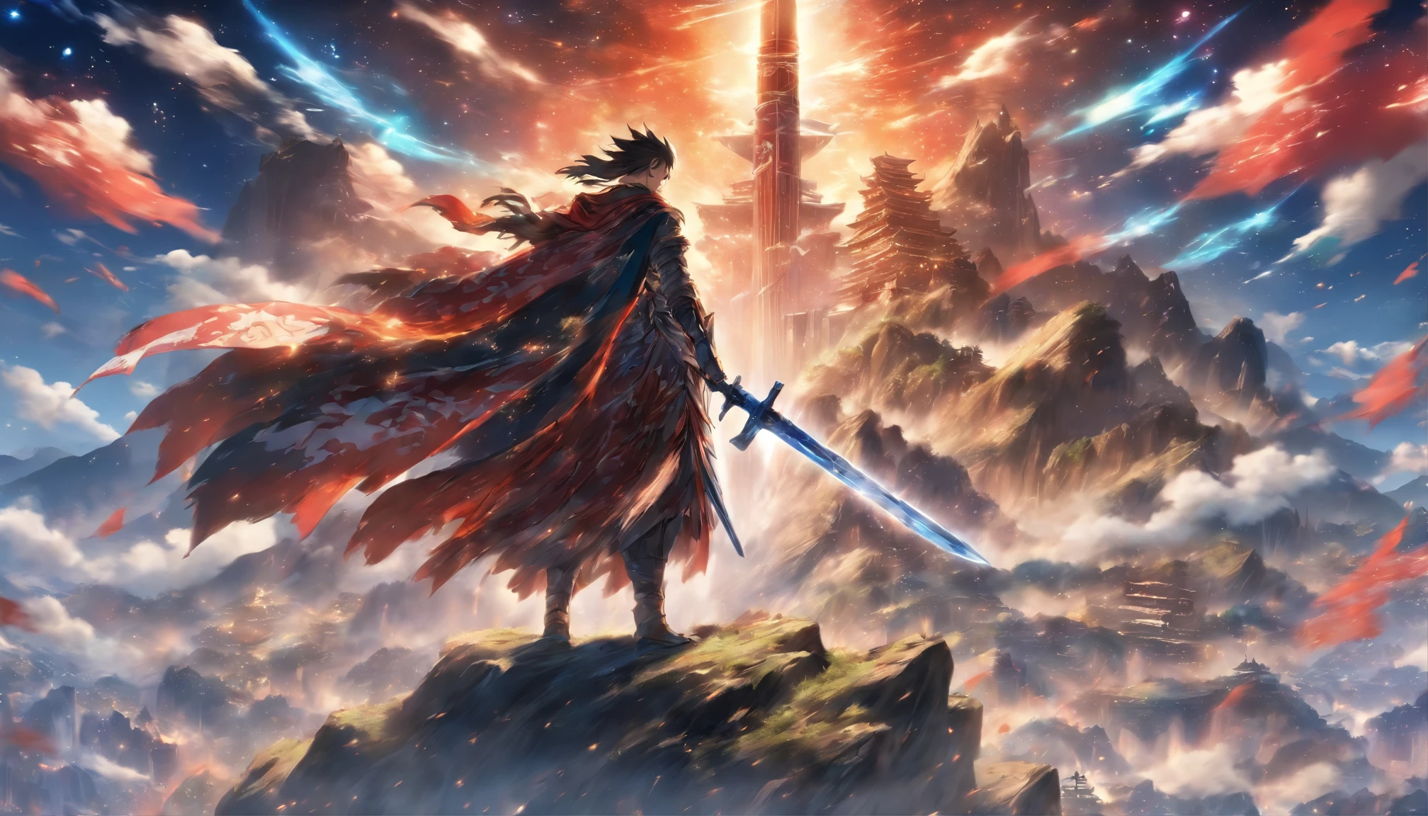 A tall and handsome man standing on top of a mountain, with fluttering flags behind him and a war-torn scene around him. He wields a giant sword, wearing a magnificent battle robe, and gazes resolutely in all directions, ,in the style of the stars art group xing xing, 32k, best quality, masterpiece, super detail, high details