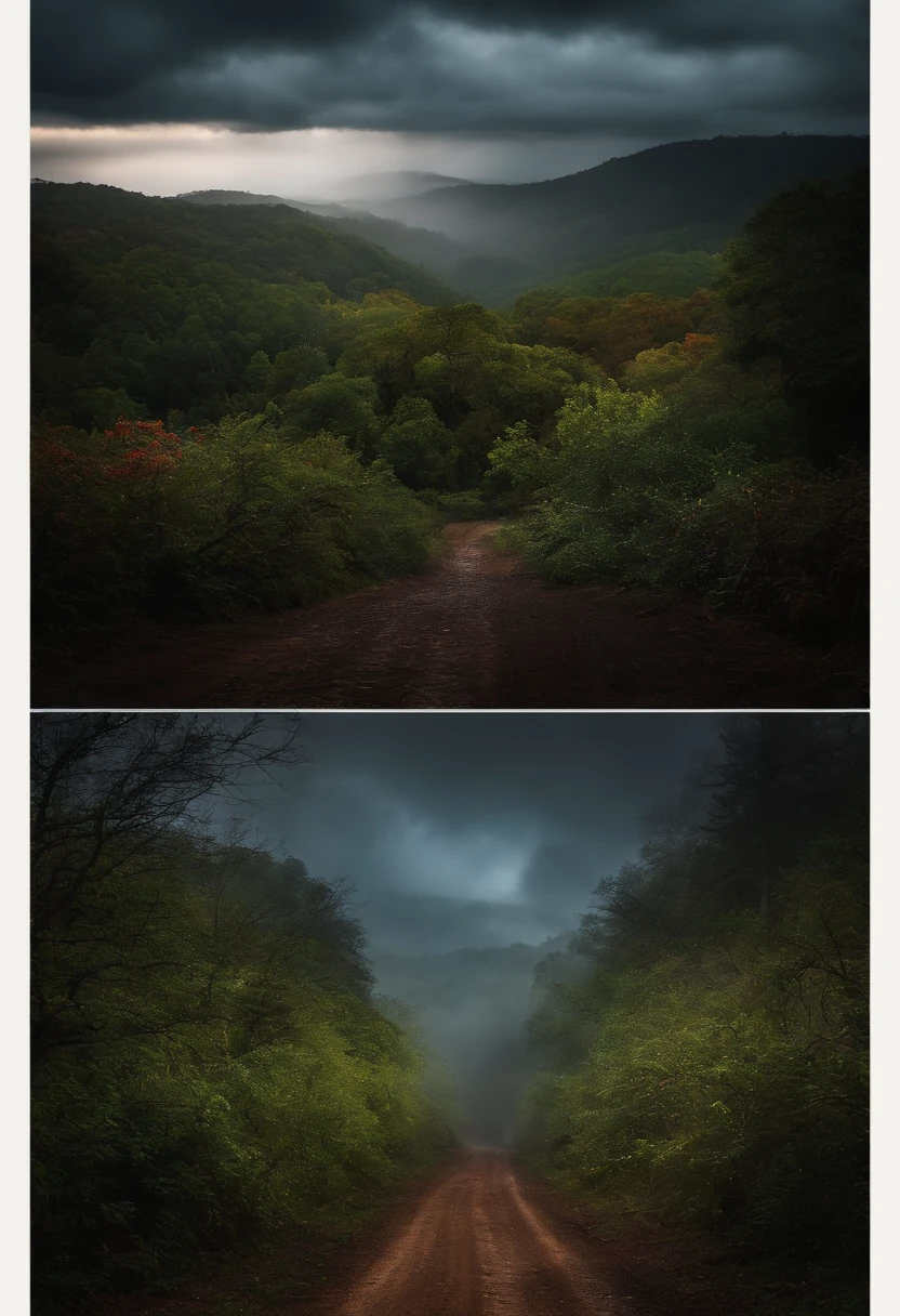 Crie uma imagem de uma casa de campo portuguesa, antiga e mal assombrada no meio de uma floresta portuguesa, Escuro, Dark forest with clouds in the night sky and lots of rain