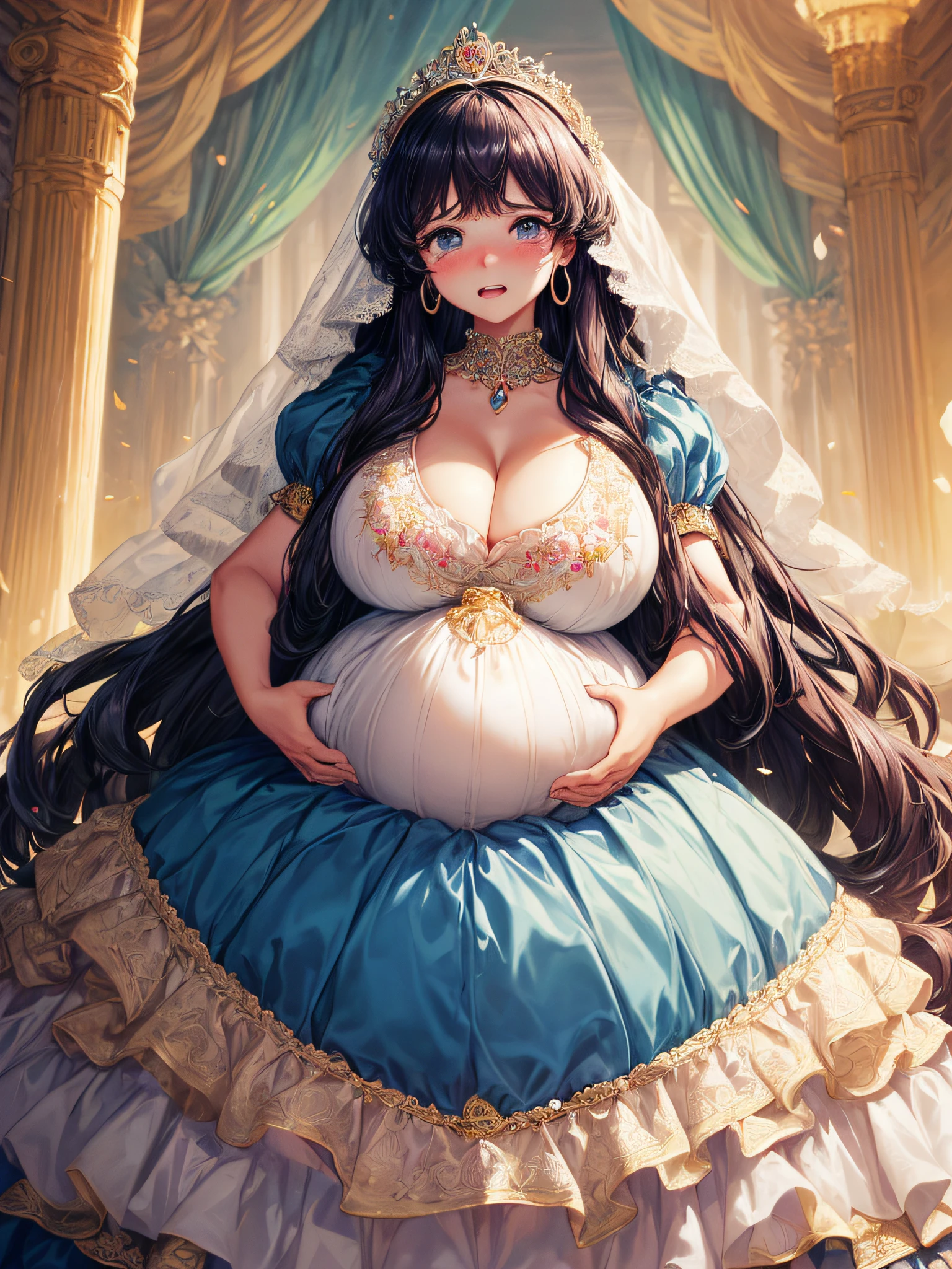 (masterpiece, best quality,extremely detailed:1.1),(moe anime art style:1.2),1girl,((full body,focus face)),((solo)), cute, kawaii,digital art,((1 bling-bling pregnant princess wearing beautiful embroidery and jeweled gorgeous princess rococo ballgown with voluminous full length hoop skirt)),(((heavily pregnant))),very big pregnant belly,((crinoline)),long train,voluminous frills,(gorgeous embroidery and beautiful lace),((very gigantic boobs,skindentation)),cleavage,shiny hair,(((very long hair,large amount of straight hair))),((embarrassed,cry)),((finely detailed face and eyes)),clear pupil,extremely gorgeousfull hair ornament,(bling-bling jeweled extremely gorgeousfull tiara),(bling-bling gorgeous gemstone jewelry),long veil,beautiful background,fantasy background,flowers,flower petals flowing,full body,((beautiful embroidery and jeweled ruffled gorgeous princess rococo ballgown with voluminous full length hoop skirt))