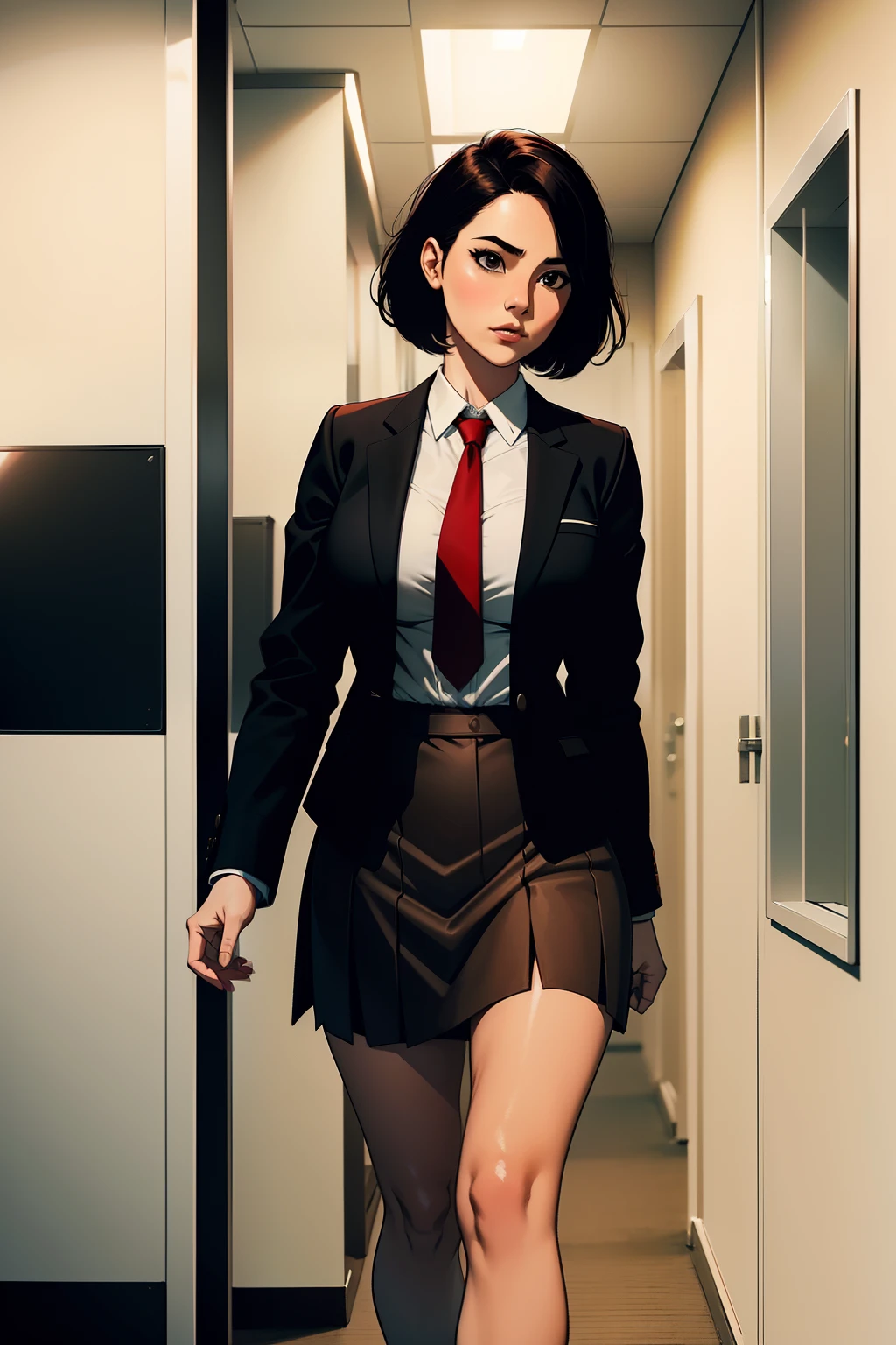 closup view, woman, short black hair, wearing a brown office jacket, white shirt, red tie, brown office skirt, walking, no background,
