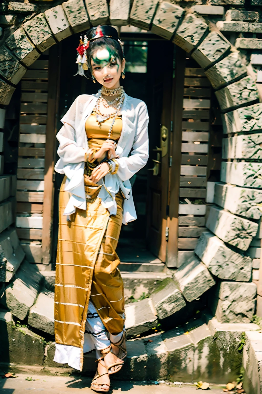 MMTD BURMESE PATTERNED TRADITIONAL DRESS WEAR BEAUTIFUL LADY, WEAR PEARL NECKLACES AND GOLD BRACELETS,FULL BODY DETAILS BEAUTY
