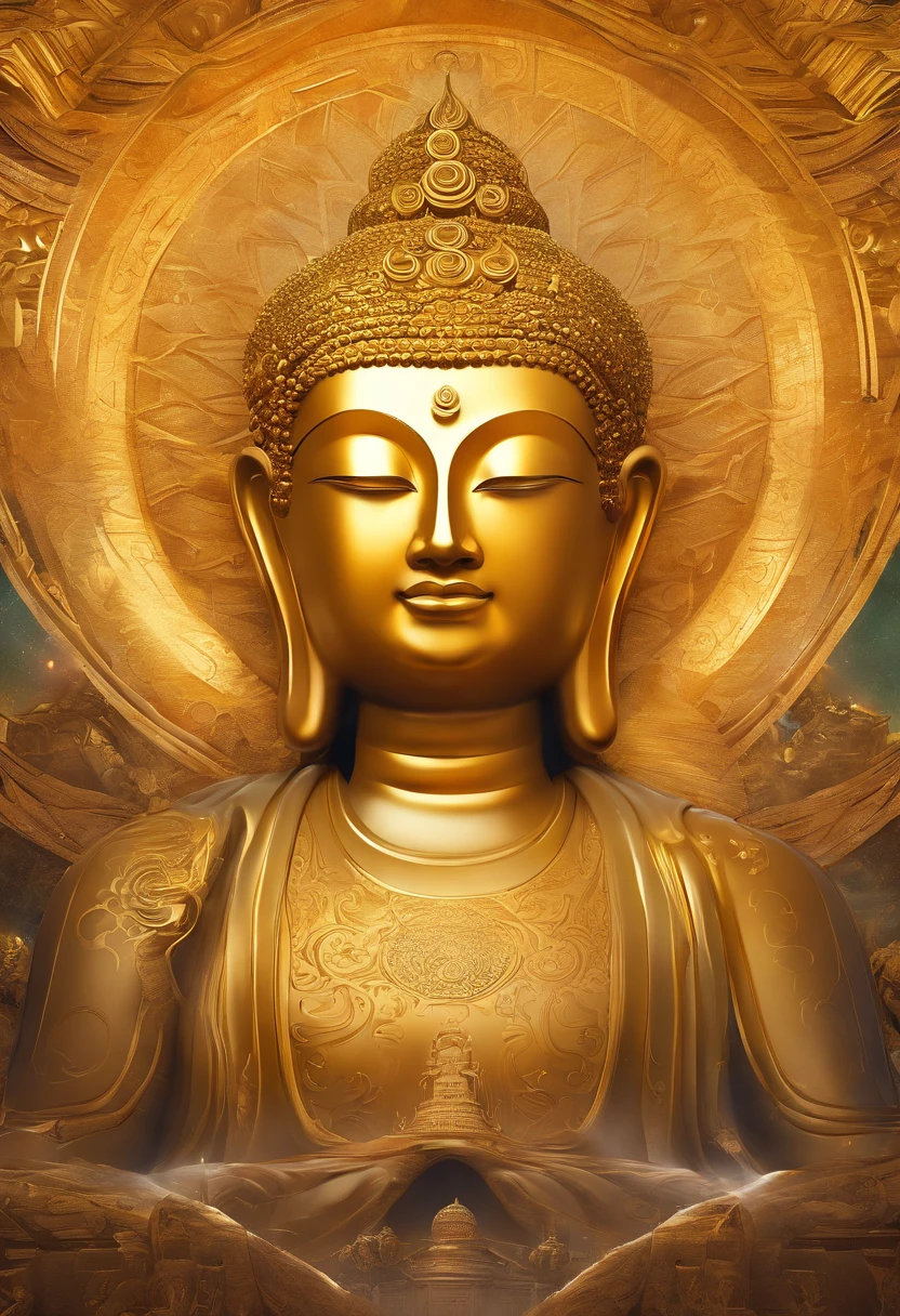 Highly detailed portrait of a huge golden Buddha with the halo of the sun god，golden colored，unreal-engine，The Art of Mark Leyden，Lost fish，Earl Nolen，globalillumination，God Ray，detailed and complex environment，Elden ring style