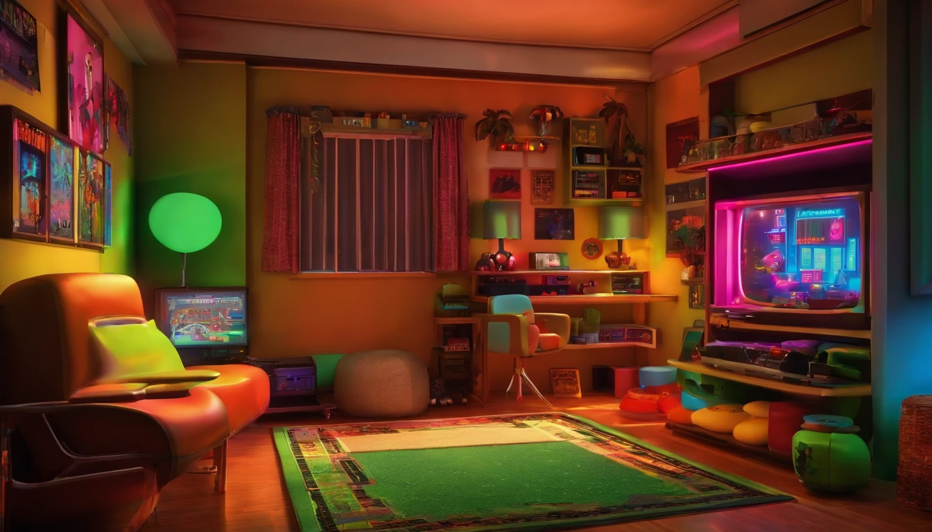 Retro videogame ??? room, 90s 80s style, neons, corne