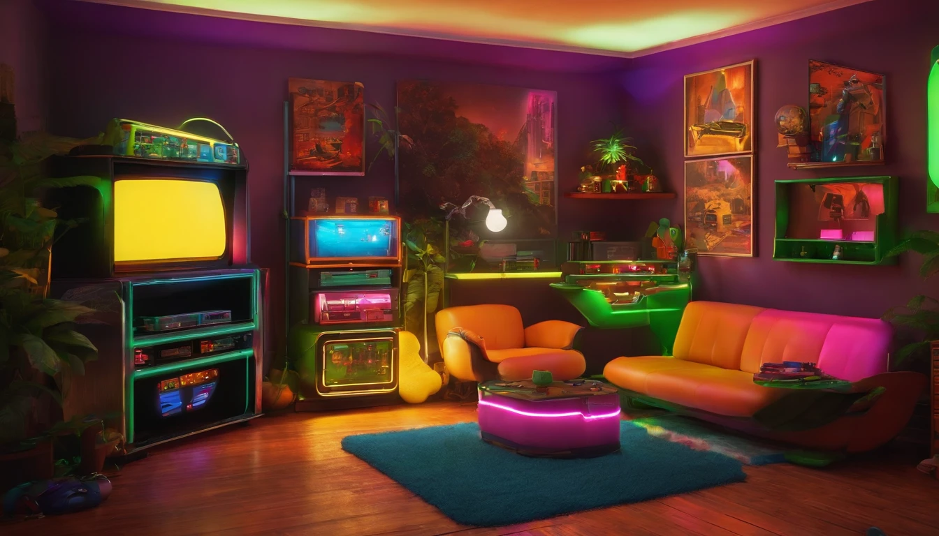 Retro videogame kid room, 90s 80s style, neons, corne
