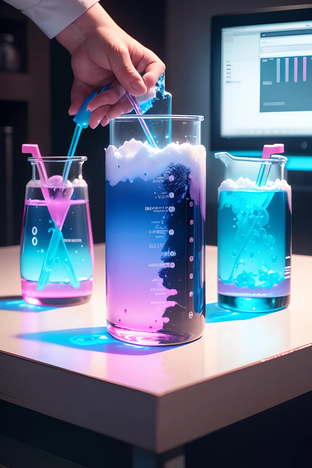 /imagine futuristic image of a scientist's hands mixing two test tubes with blue and pink liquids in a beaker on a laboratory bench 4k