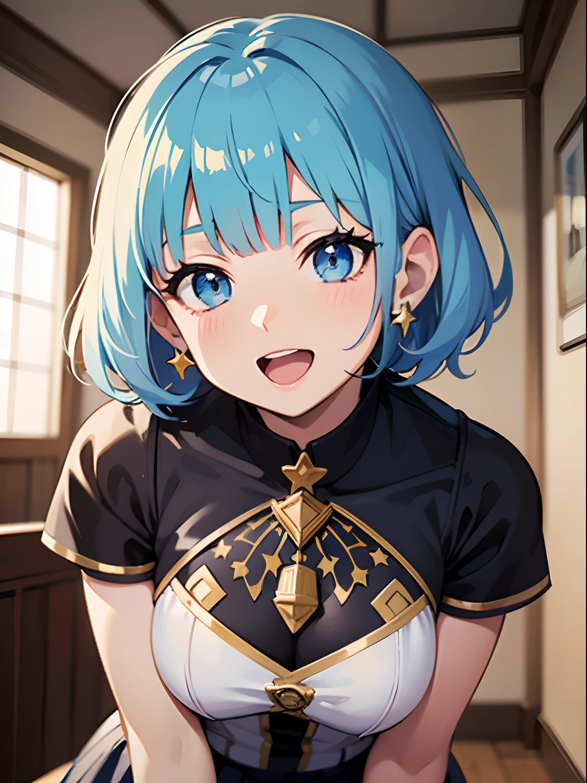 (masutepiece:1.3), (Best Quality:1.3), High resolution,
Couboy Shot,
Leaning forward, body facing forward,
(One Cute Girl:1.3), Solo,
White skin, tiny chest, eight-headed person,
Light blue hair, (bobhair:1.2), (Short hair:1.1), (Blunt bangs:1.2), Beautiful hair, Blue eyes, Beautiful detailed eyes,
Open mouth, Star piercing, Cheerful smile,
Blue Check Skirt, Idol Costumes, Miniskirt, earrings,
Indoors,
Shadow Lighting,