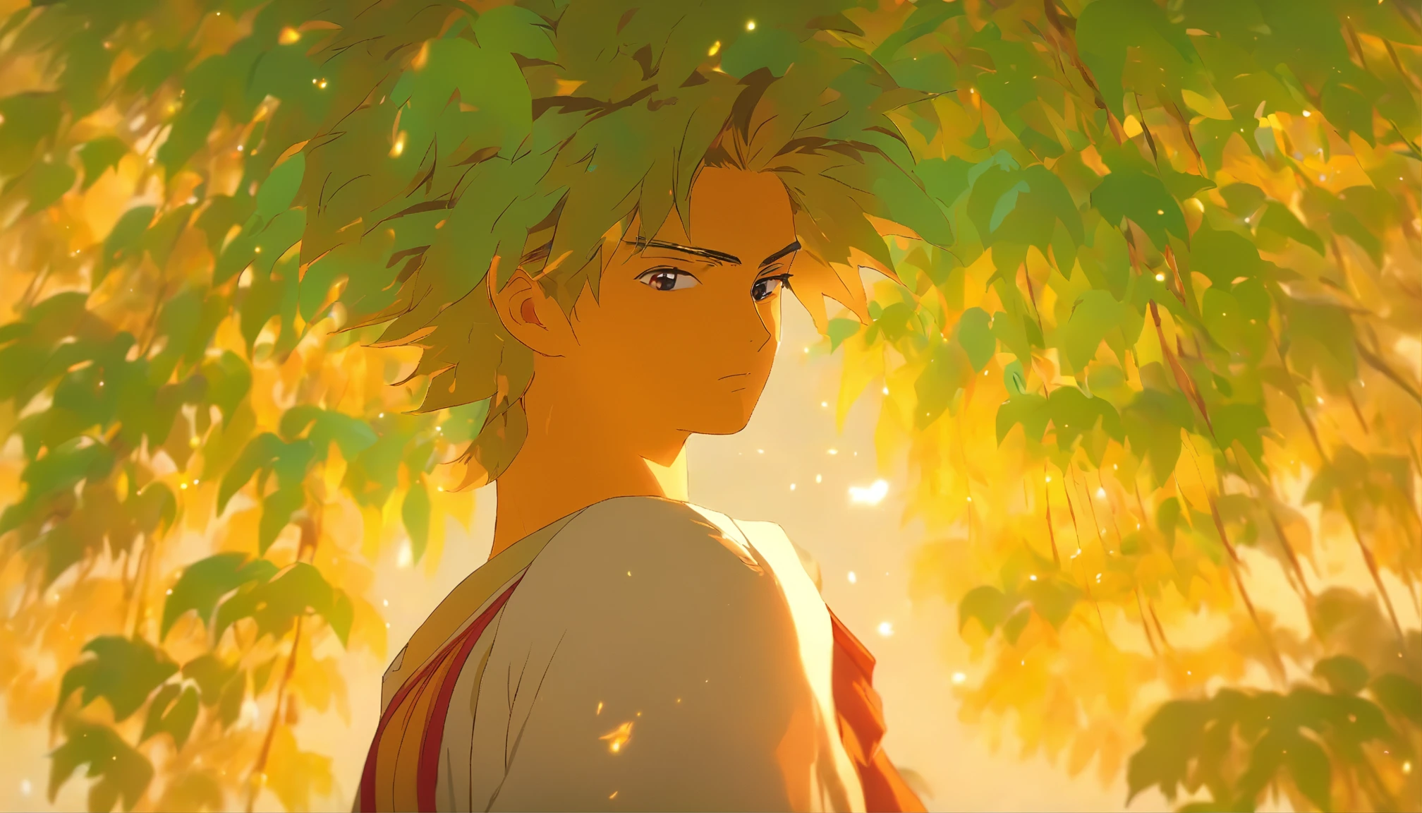 A young man standing under the Bodhi tree, gazing into the distance with a mesmerized look, as if immersed in the timeless years. The wind blows gently, causing the willow tree to sway, as if moved by her expression.,in the style of the stars art group xing xing, 32k, best quality, masterpiece, super detail, high details