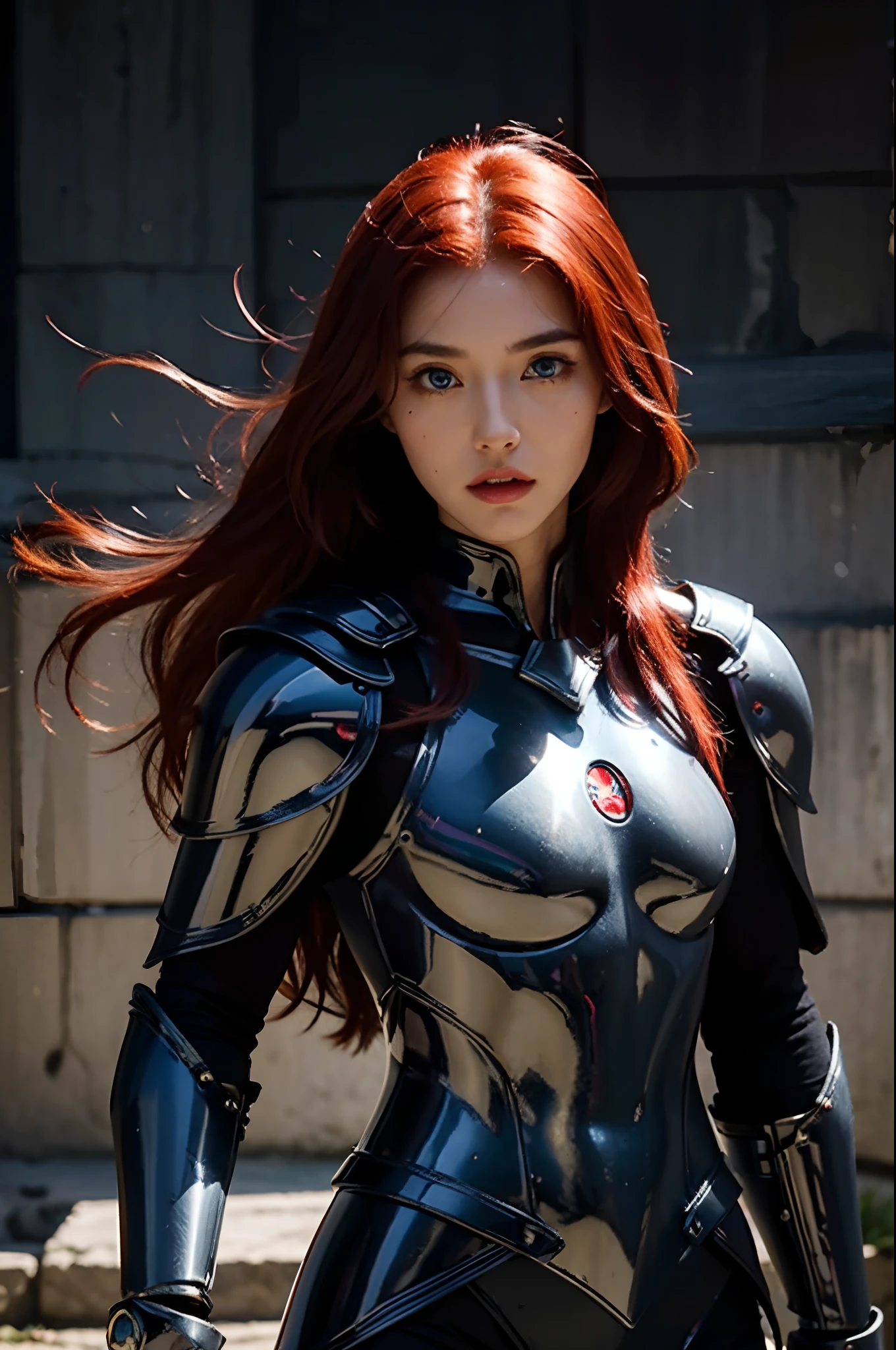 Beautiful muscular woman, warrior, Minimalist titanium armor, There is a beautiful ornament on the armor, Long red hair, Bright blue eyes, Short cape made of black fur , The Ancient City, debris, artstyle, BDSM, Sexy, hiquality