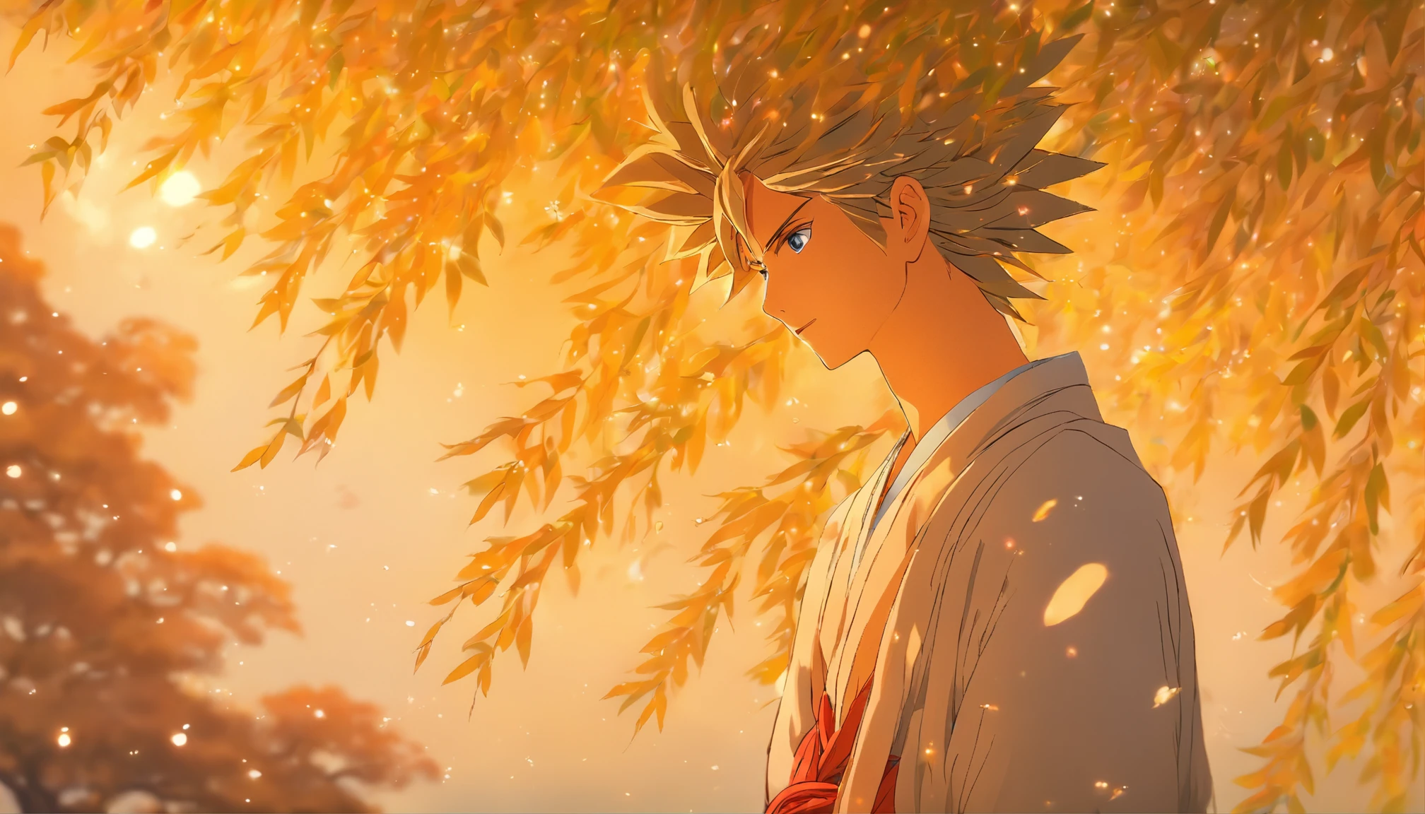 A young man standing under the Bodhi tree, gazing into the distance with a mesmerized look, as if immersed in the timeless years. The wind blows gently, causing the willow tree to sway, as if moved by her expression.,in the style of the stars art group xing xing, 32k, best quality, masterpiece, super detail, high details