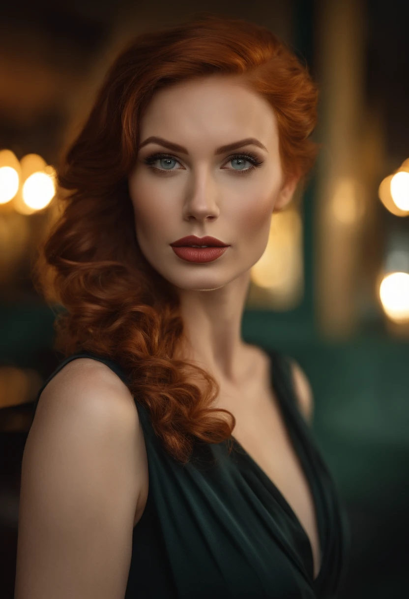 professionnel, (Photo portrait 4K:1.1) (mise au point nette:1.3), High detail, Porter (Chemise moulante:1.2), beautifull detailed face, An attractive woman with long red hair looks at the camera, resembling actress Katherine McNamara, Panasonic Lumix S Pro 50mm F/1.4, dark orange and dark emerald, Ferrania P30, photo realist, (attractive young woman:0.9), (Seductive:1.3), (rougissant:1.1), Forme du corps du sablier, Gros seins ronds, hanches larges, In the background at the restaurant