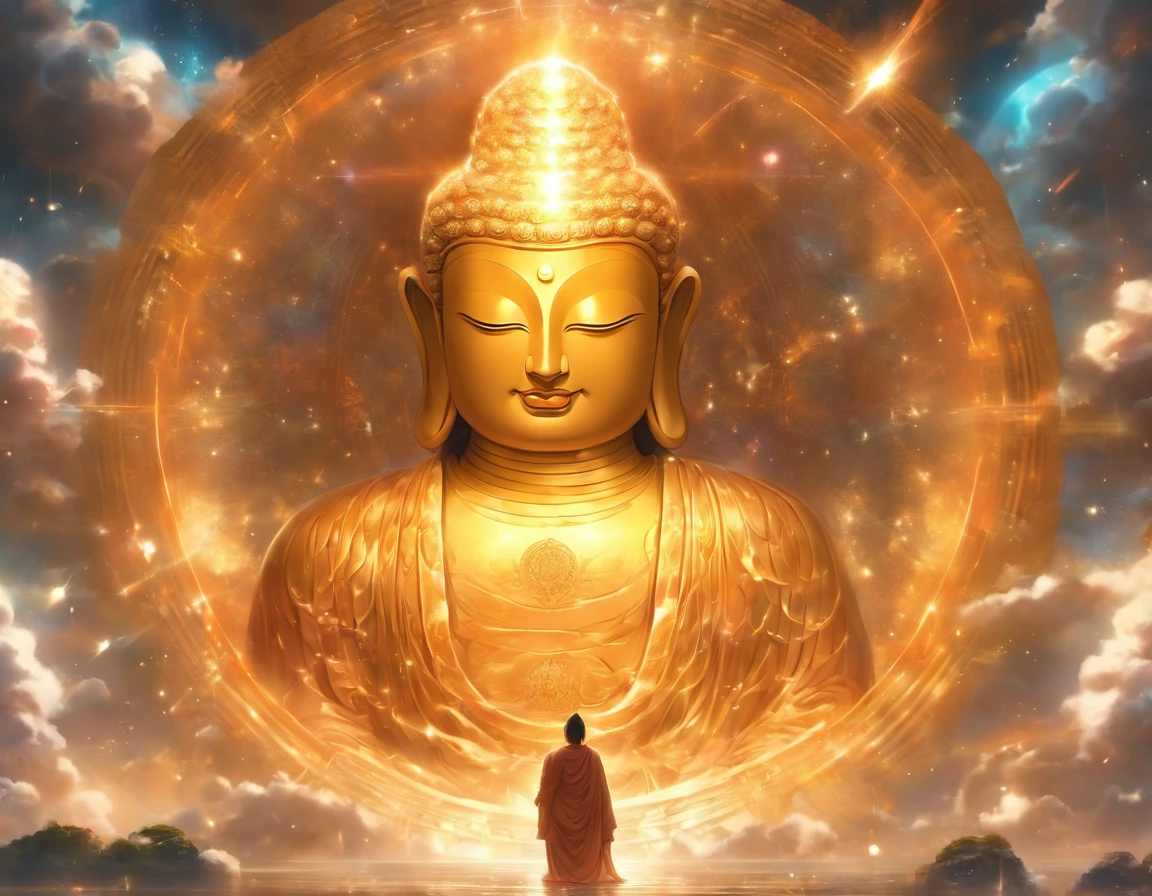 Interstellar，Endless space，The huge Maitreya Buddha statue rushed towards the huge space-time tunnel，Highly detailed portrait of a huge golden Buddha with the halo of the sun god，ssee-through，depth of fields，((Masterpiece))，(Best quality))，Magnificent space image scene，surrealism, Super detail, ccurate, Best quality, hyper HD, Masterpiece, Anatomically correct, A high resolution, 16k