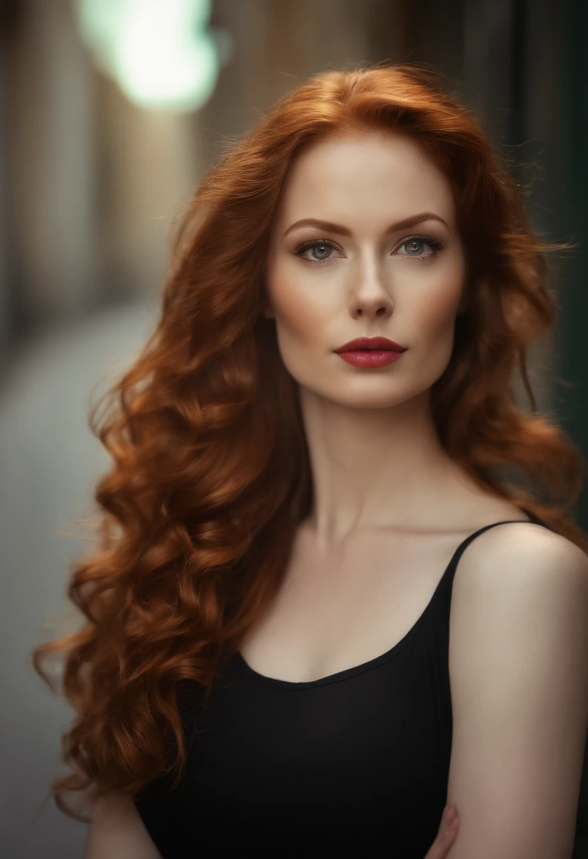 Photo brute, Portrait de visage photo de belle 26 ans.o femme, rousse, yeux vert, visage mignon, Porter une robe noire, Visage heureux, ombres dures, cinematic shot, dramatic lighting((realistic skin texture)), Seductive Caucasian woman using lipstick, Tank top Casual attire, ((ginger tied mid-hair)), pose mignonne en regardant loin, huge hooters, ((Best quality, Best quality, Realistic Photography)), ((Masterpiece)),(Full head on frame)) dark brown hair, Naples in the background with coffee