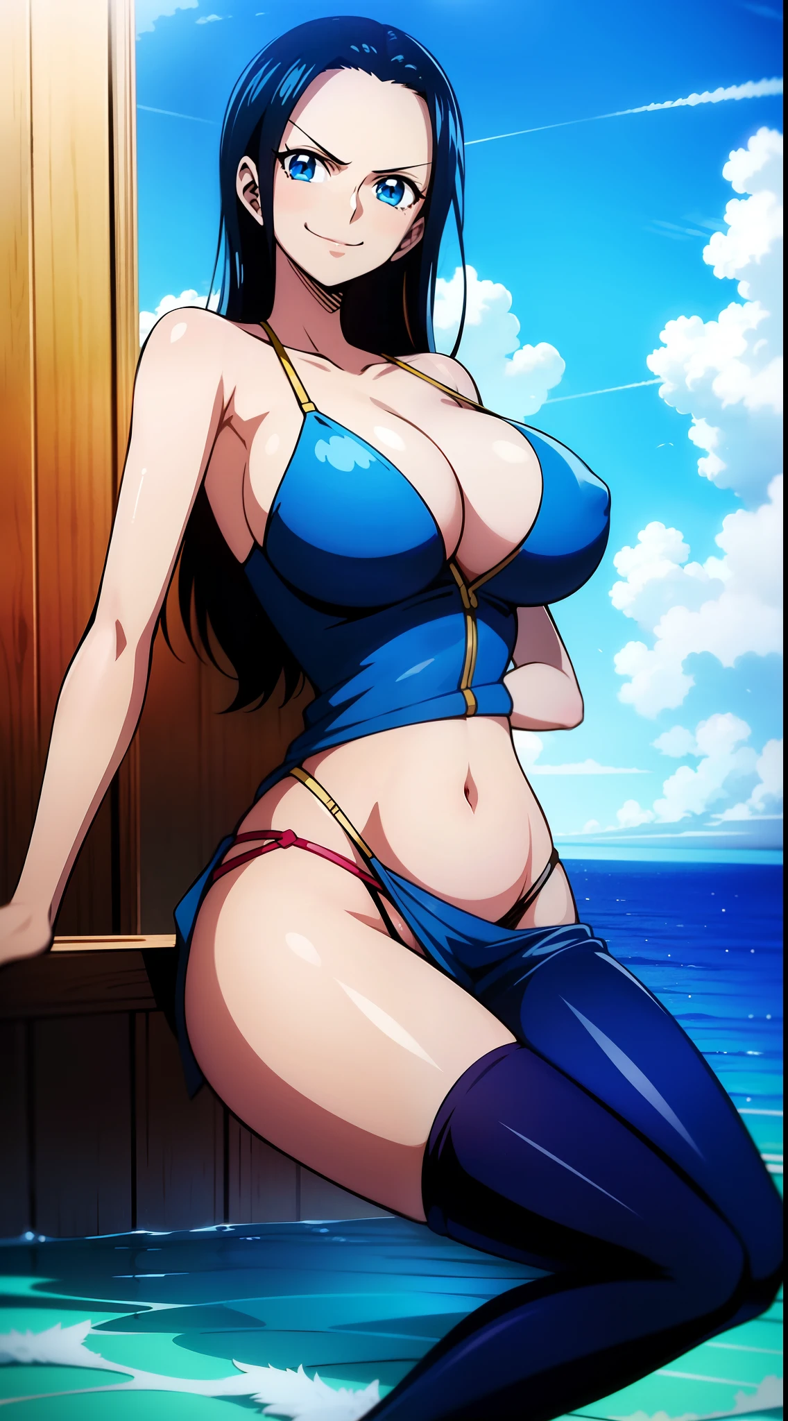 Nico Robin One Piece, 8k, Perfect quality eyes blue eyes Nico Robin, 1girl, aqua eyes, Black hair, huge smile after sex, com wraused condom, pointlesom,
