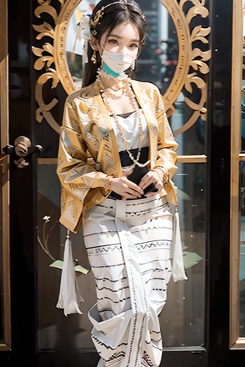 MMTD BURMESE PATTERNED TRADITIONAL DRESS WEAR BEAUTIFUL LADY, WEAR PEARL NECKLACES AND GOLD BRACELETS,FULL BODY DETAILS BEAUTY