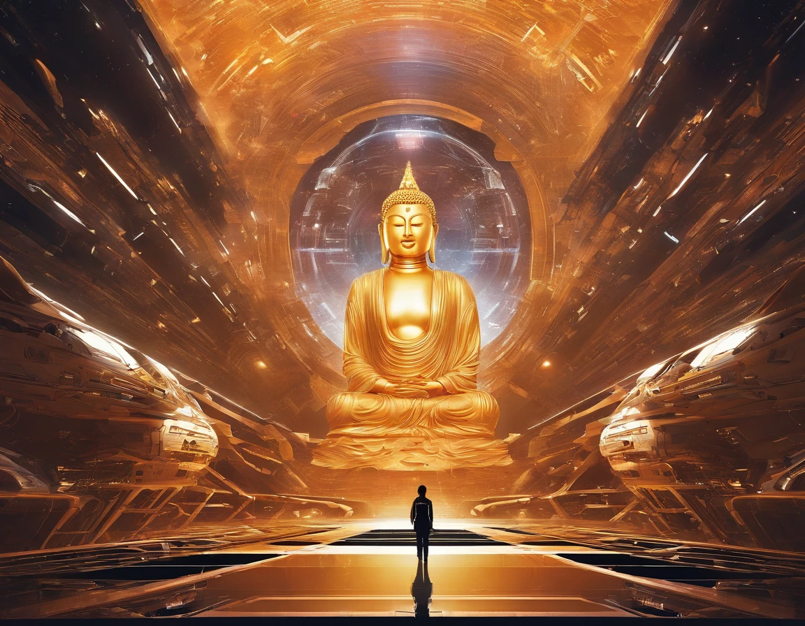 Interstellar,Endless space,The huge Maitreya Buddha statue rushed towards the huge space-time tunnel,Highly detailed portrait of a huge golden Buddha with the halo of the sun god,ssee-through,depth of fields,((Masterpiece)),(Best quality)),Magnificent space image scene,surrealism, Super detail, ccurate, Best quality, hyper HD, Masterpiece, Anatomically correct, A high resolution, 16k