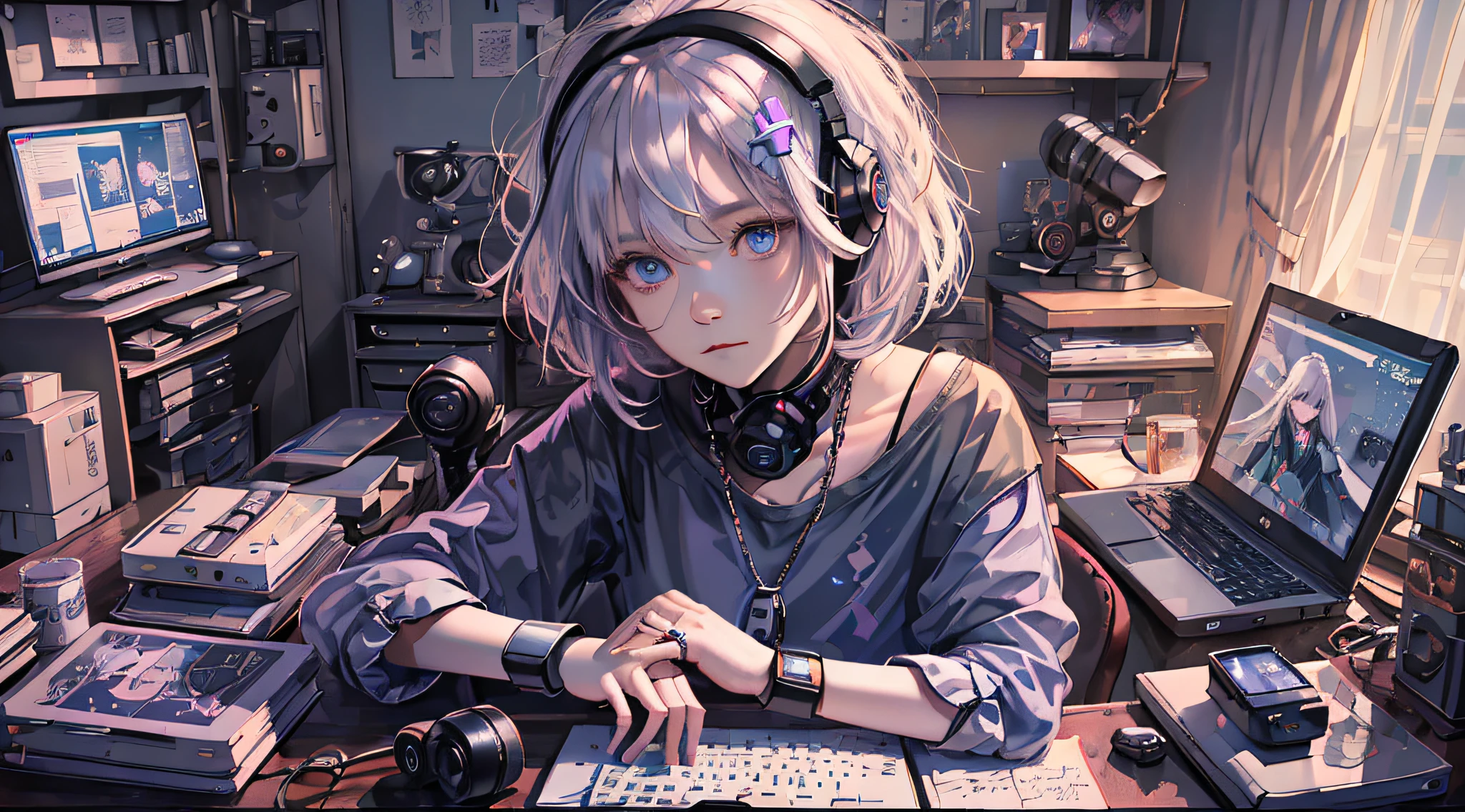 A girl plays with a computer while studying, White hair, Technology style, Pink, purple, Blue, Monitors, keyboard, notebooks, Desk work, Computer host, mobile phone, mouse, stereo, illustration, iphone, Mac, Macbook, AirPods Pro, wireless headset, short sleeve T-shirts, Short skirt, Wide-angle lens, (Full body photo), tmasterpiece、(Photorealsitic:1.4)、top-quality、beautiful light up、(Ulzzang-6500:0.5)、makima \(chainsawman\)、(bob hair)+(brunette color hair)+(By bangs)、eBlue eyes、eBlue eyes、Kaihuai、((Ring-shaped Eyes))、RAW photography、8K UHD、Film grains