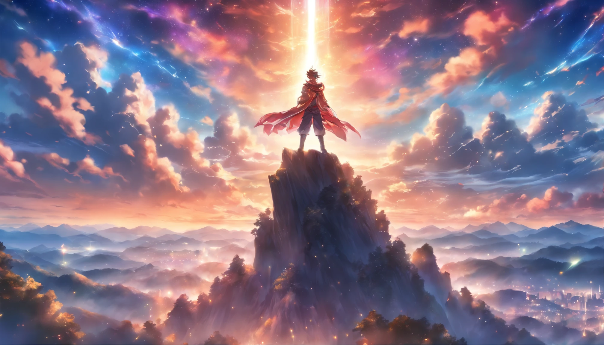 A young and handsome man standing on a magnificent mountain peak, surrounded by a mysterious glow. He raises his hands and summons a dazzling beam of light that illuminates the sky. His body exudes a sacred and majestic aura.,in the style of the stars art group xing xing, 32k, best quality, masterpiece, super detail, high details